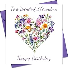 Grandma Birthday Card, Heart of Flowers Design To a Wonderful Grandma Birthday Card from Granddaughter Grandson, Blank Inside With Envelope, Special Card Gift for Grandmother Nana Granny