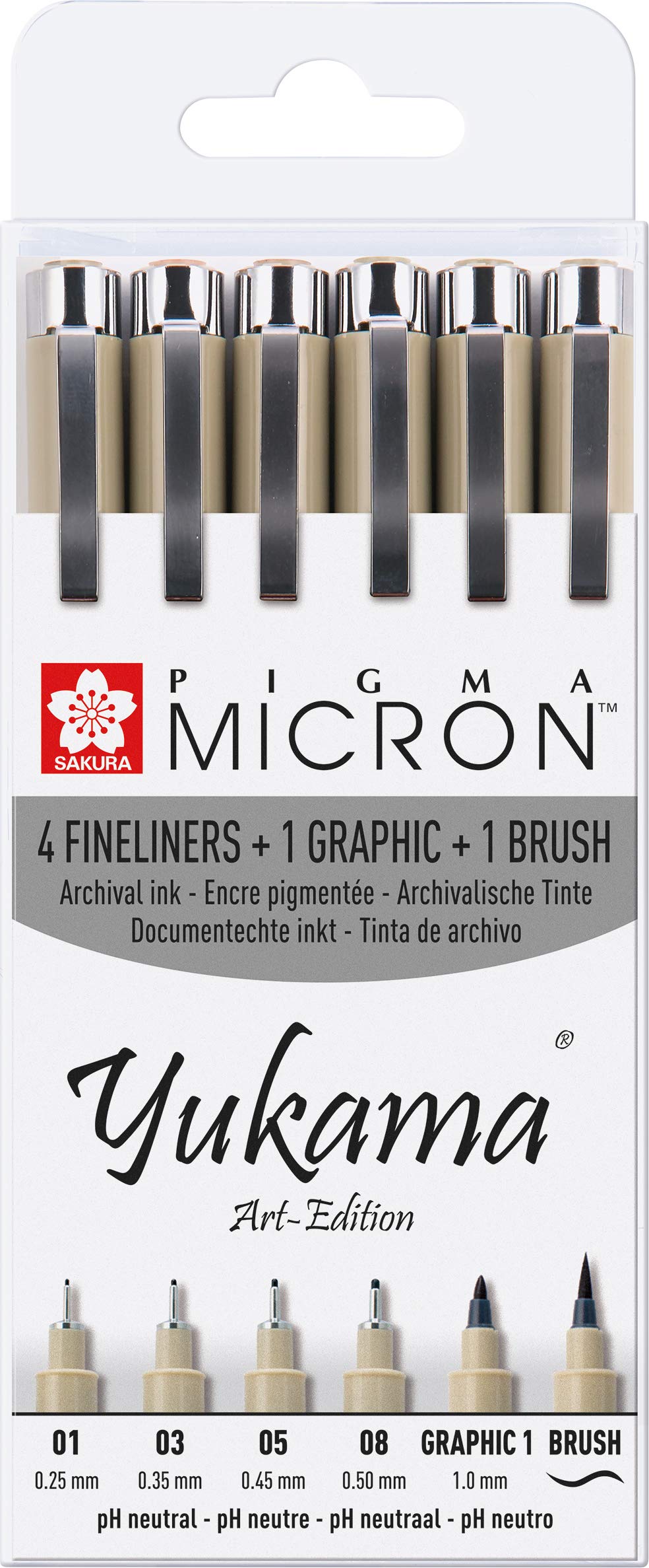 Sakura Micron Art Edition - Set di 6 Penne a Punta fine, 4 Micron + 1 Pennello Brush + 1 Graphic #1