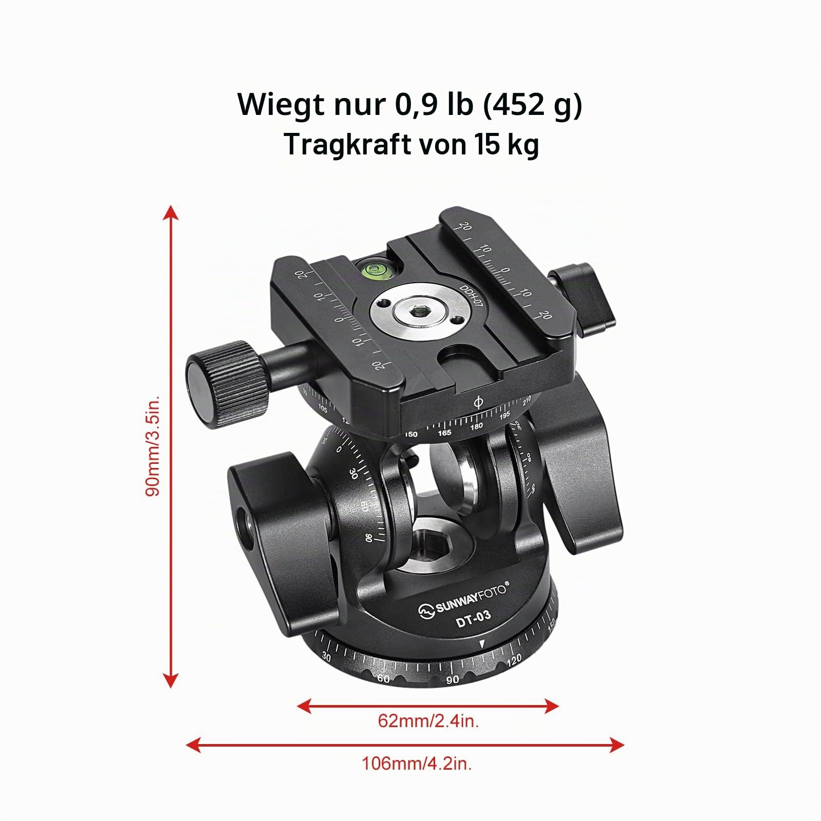 SUNWAYFOTO DT-03R Zwei-Wege-Kippkopf für Einbeinstativ und Stativ mit Panorama-Drehklemme,15kg Tragkraft
