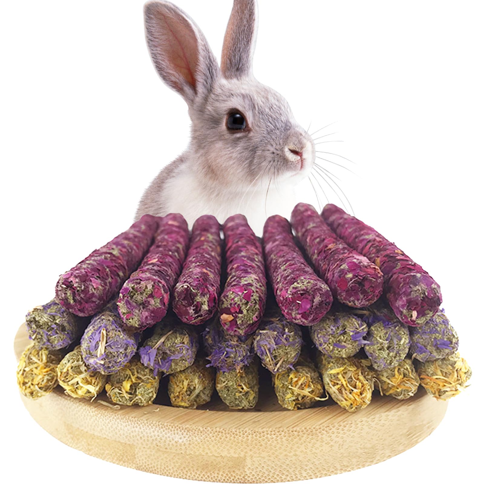 Cycayit Timothy Hay Gnaw Sticks for Rabbits and Small Animals 150g, 3 Natural Flavours of Rose, Marigold & Forget-Me-Not Compressed Timothy Hay Chew Toy for Rabbits, Guinea Pigs & Hamsters