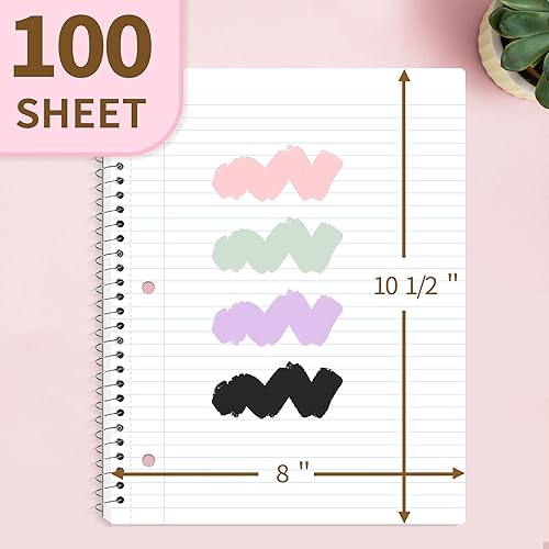 Miniatura 2 de SUNEE Cuaderno de espiral, 1 materia, papel rayado universitario, 8" x 10-1/2" pulgadas, 100 hojas por cuaderno, papel perforado de 3 agujeros,