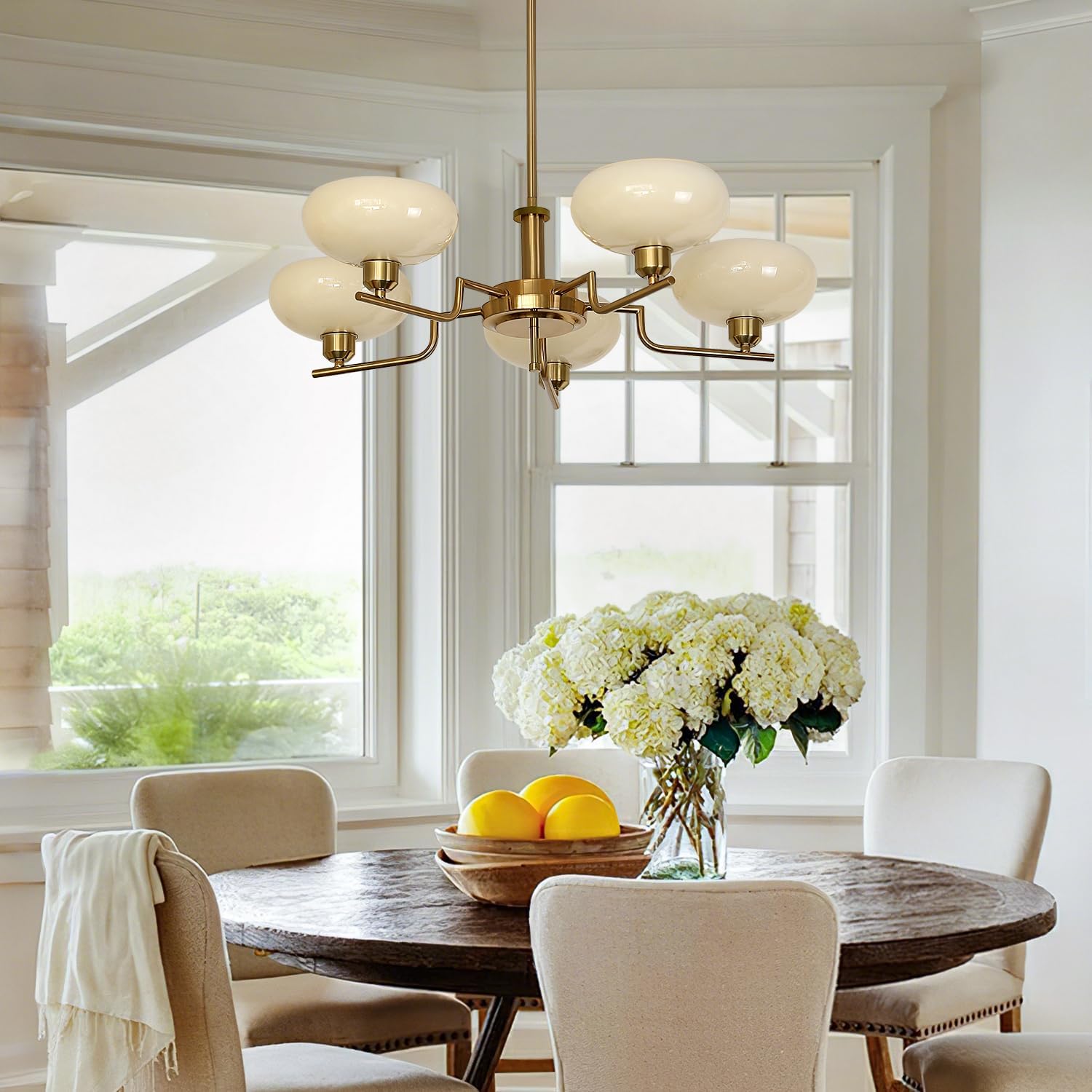Mid Century Hanging Modern Chandelier, 5-Light Sputnik Globe Glass Ceiling Light Fixture Adjustable Hanging Farmhouse Chandelier with Cream Yellow Glass Shades for Dining Room Living Room Bedroom