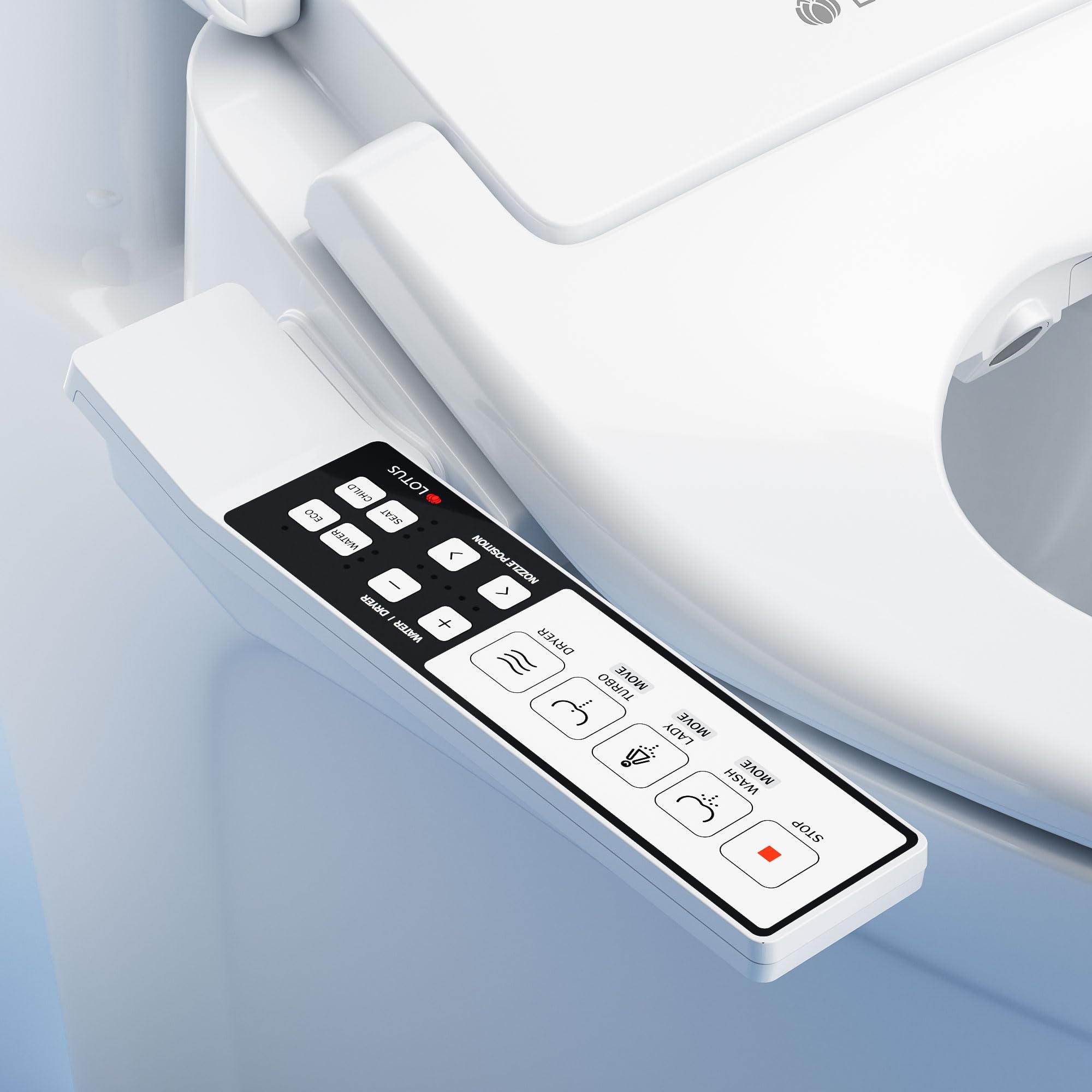 Lotus Bidet ATS-850 - Asiento de inodoro alargado con calefacción y lavado con agua tibia ajustable, panel de control lateral, boquilla de acero inoxidable, secador de aire caliente, luz nocturna
