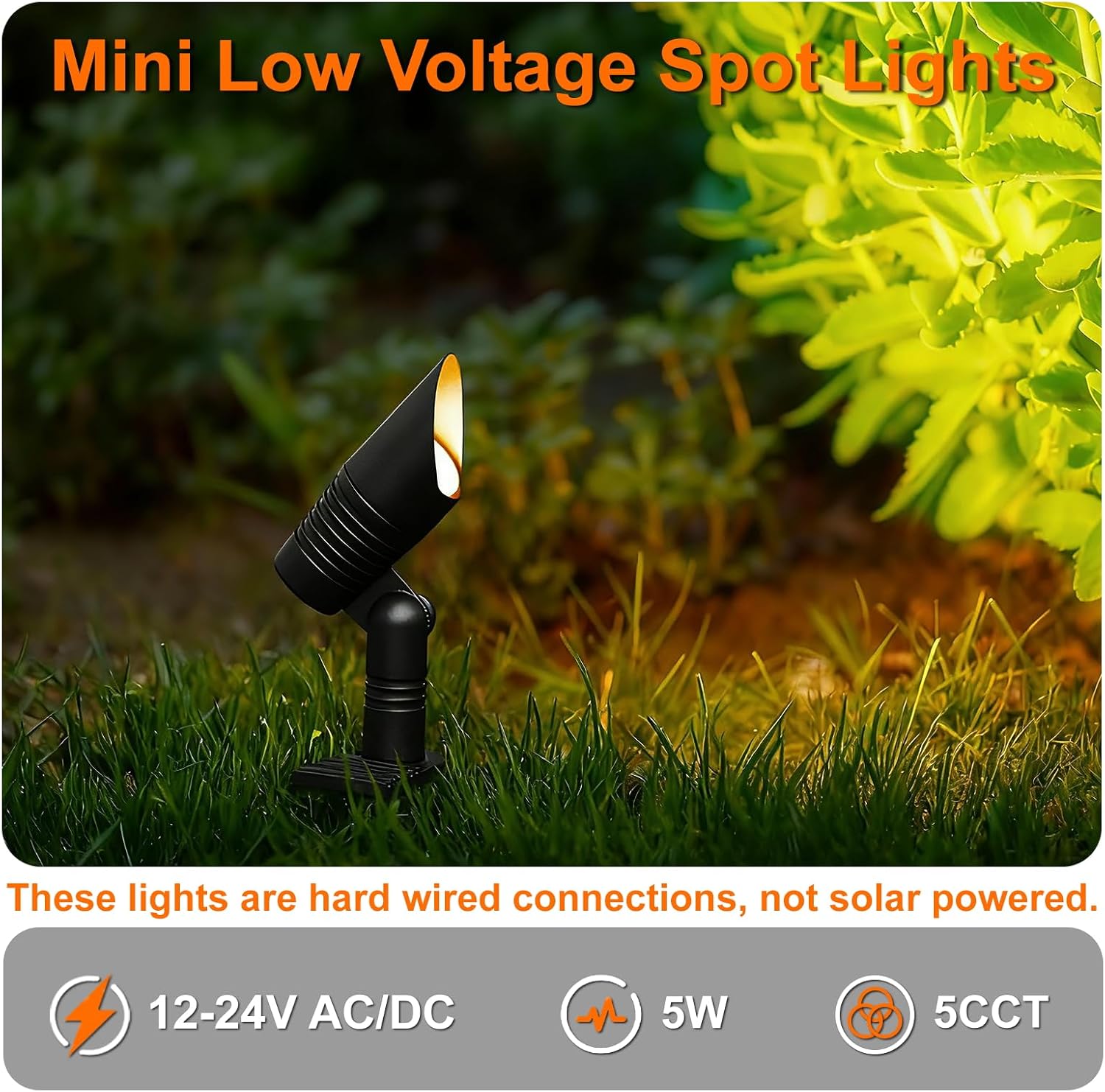 Mini Low Voltage Spot Lights Outdoor, 5W 12V LED Landscaping Spot Lights Wired for Outdoor Uplighting Yard Garden Tree House, 60° Beam Angle, 2200K/2700K/3000K/4000K /5000K, Black, 6PK
