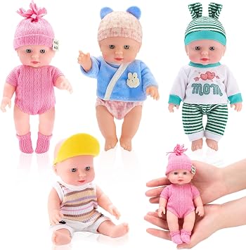 Halloscume 7 Inch Mini Baby Mini Reborn Doll Vinyl Full Body Lifelike Dolls Baby with Weighted Cloth Reborn Gift Set for Kids, Gifts for Christmas Kids4 Pcs,Summer