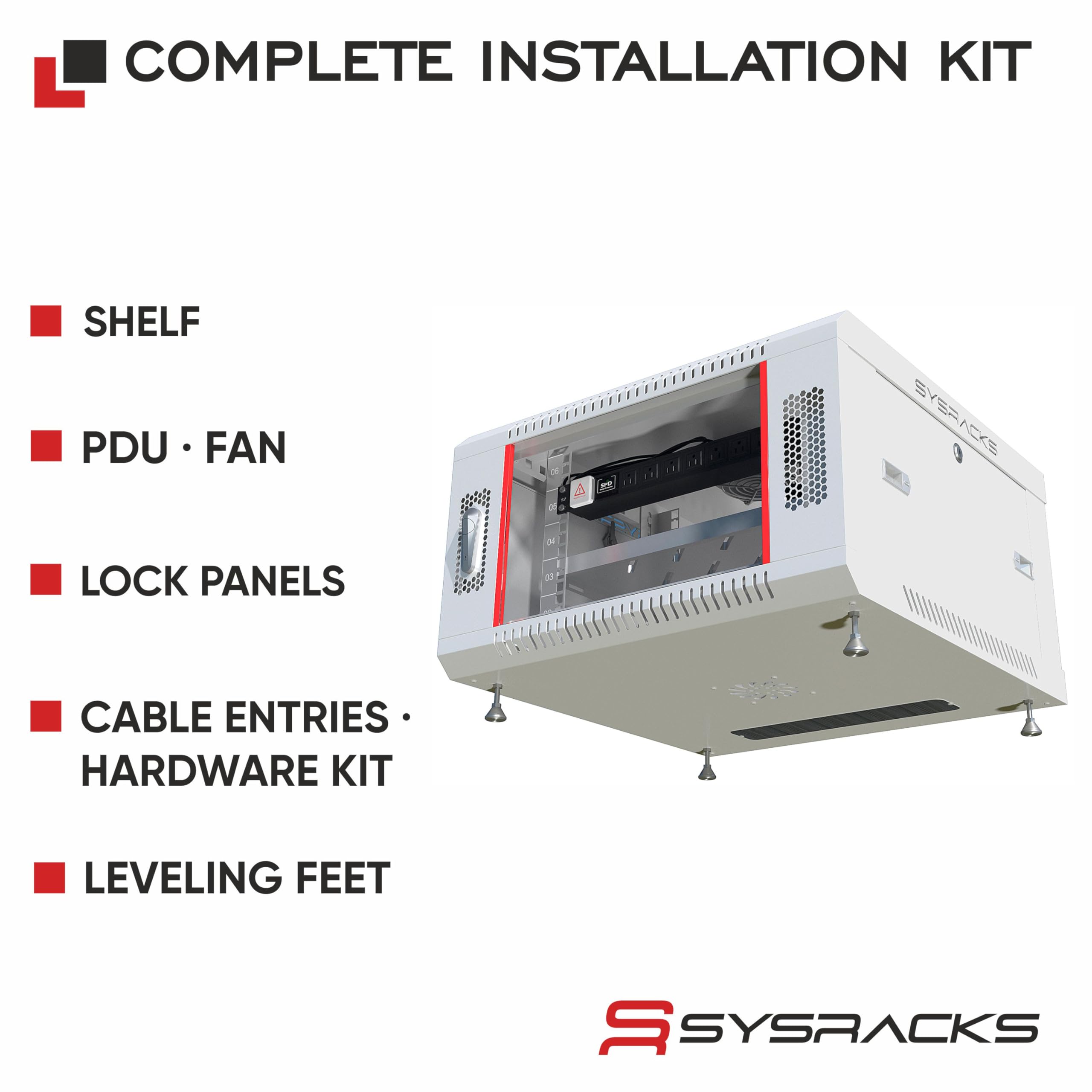 Sysracks 6U Boîtier mural pour serveur de données informatiques réseau AV 61 cm de profondeur – Étagère – PDU 8 voies – Ventilateur – Pieds réglables – Matériel