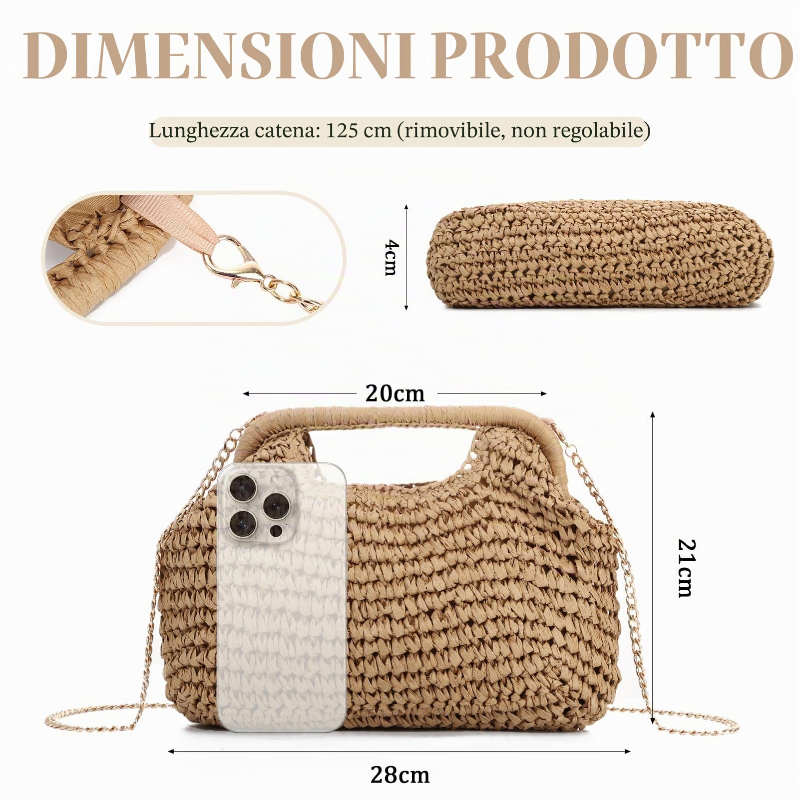 EVEOUT Pochette in Paglia con Catena Donna Boho Clutch da Sera Matrimonio Festa in rafia Sintetica Borsa Intrecciata per Spiaggia Quotidiano Estivo