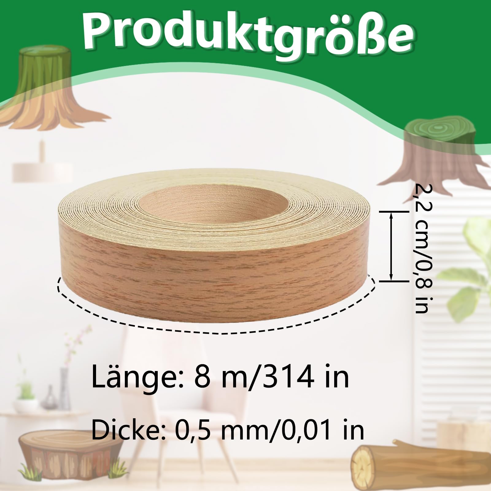 Tira de Canto de Madera Termofusible, Hoja de Restauración de Muebles de Chapa 22 mm x 8 m, Bandas de Borde Termoadhesivas, Chapa de Madera Real, Protección de Bordes