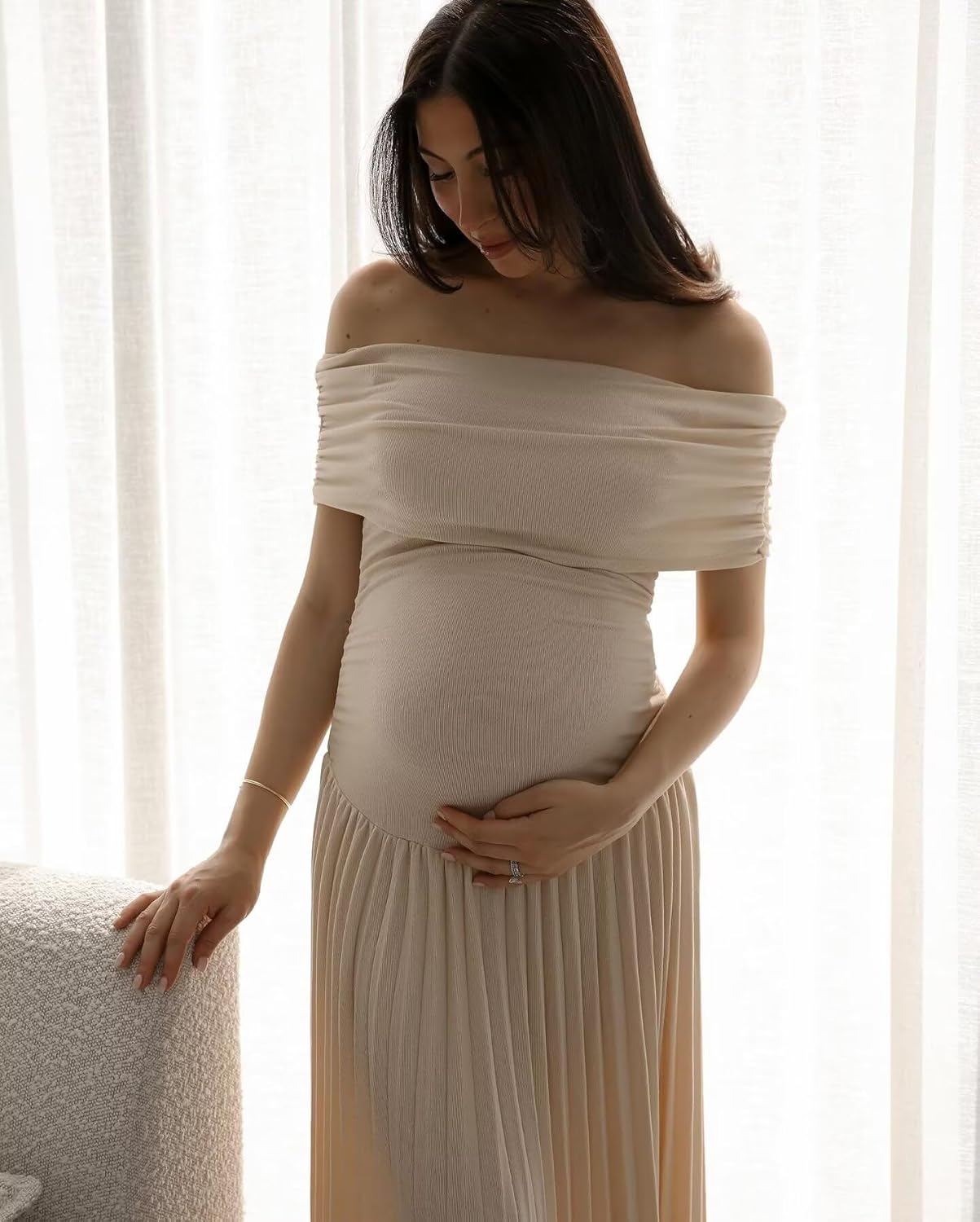 Fivsole Off Shoulder Maternity Dresses for Photoshoot Long Pleated Baby Shower Dress Formal Pregnancy Gowns - Image 2