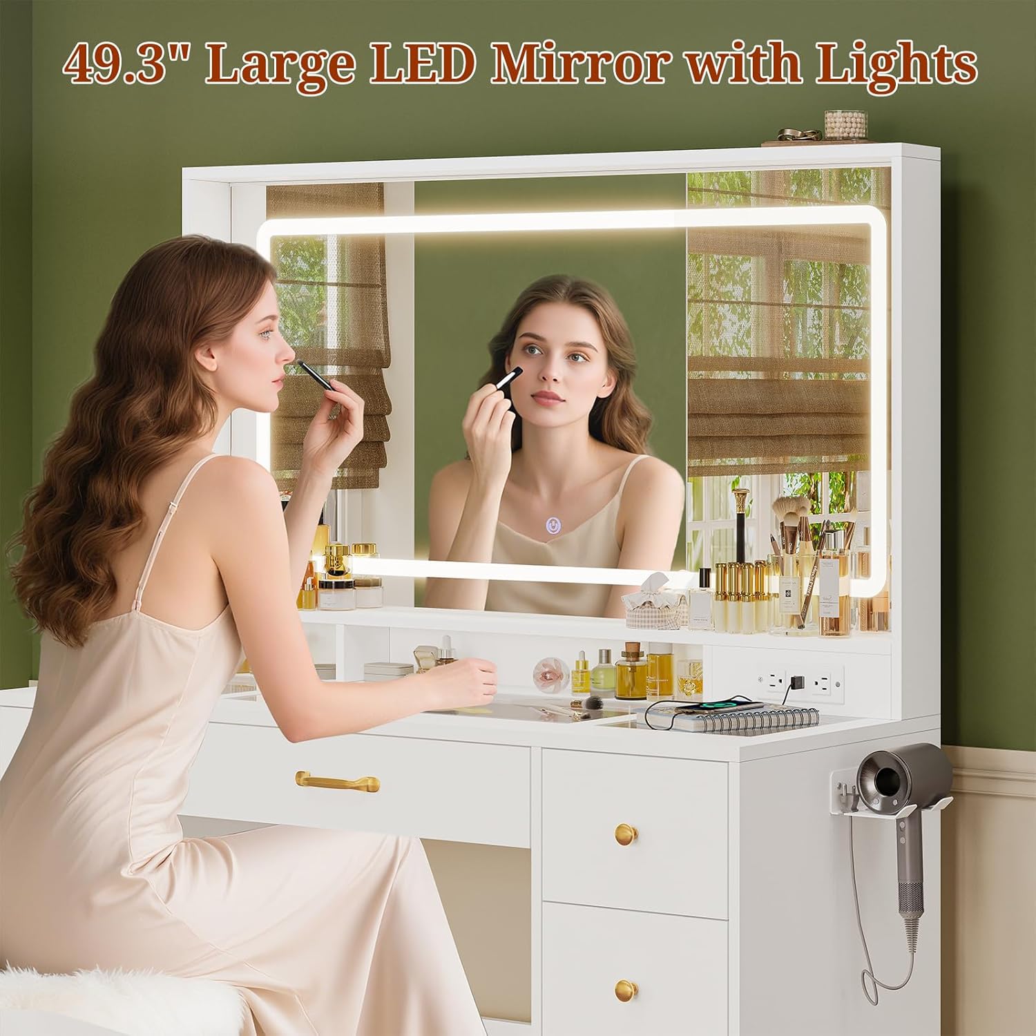 49.3“Large LED Mirror with Lights,Makeup Vanity Desk with 6 Drawers,Power Outlet,Glass Tabletop,Storage Shelf,Rolling Makeup Cart,Hairdryer Rack White