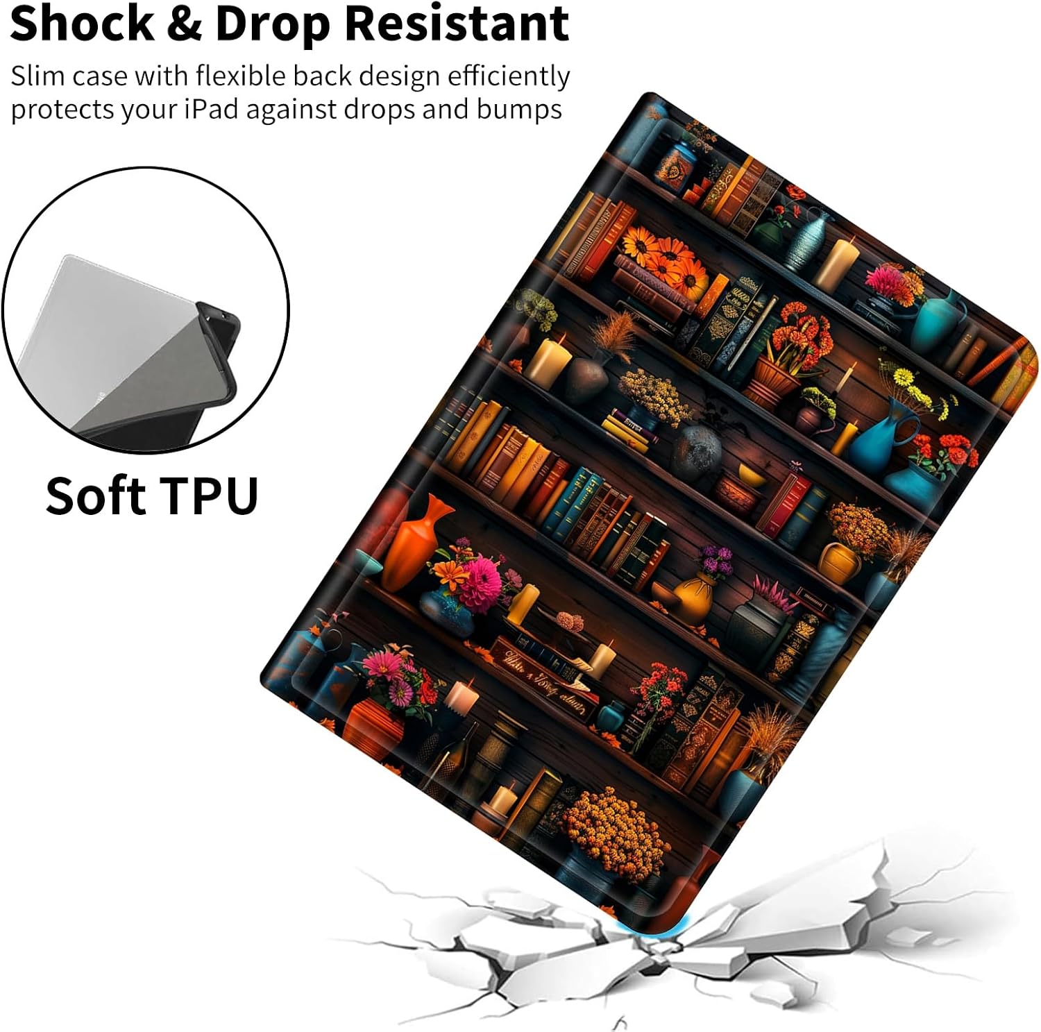 Case for iPad Air 13-inch (M3) 2025, (M2) 2024 -Slim Smart PU Leather Adjustable Stand Protective Cover with Auto Wake/Sleep,Vintage Bookshelf Flowers