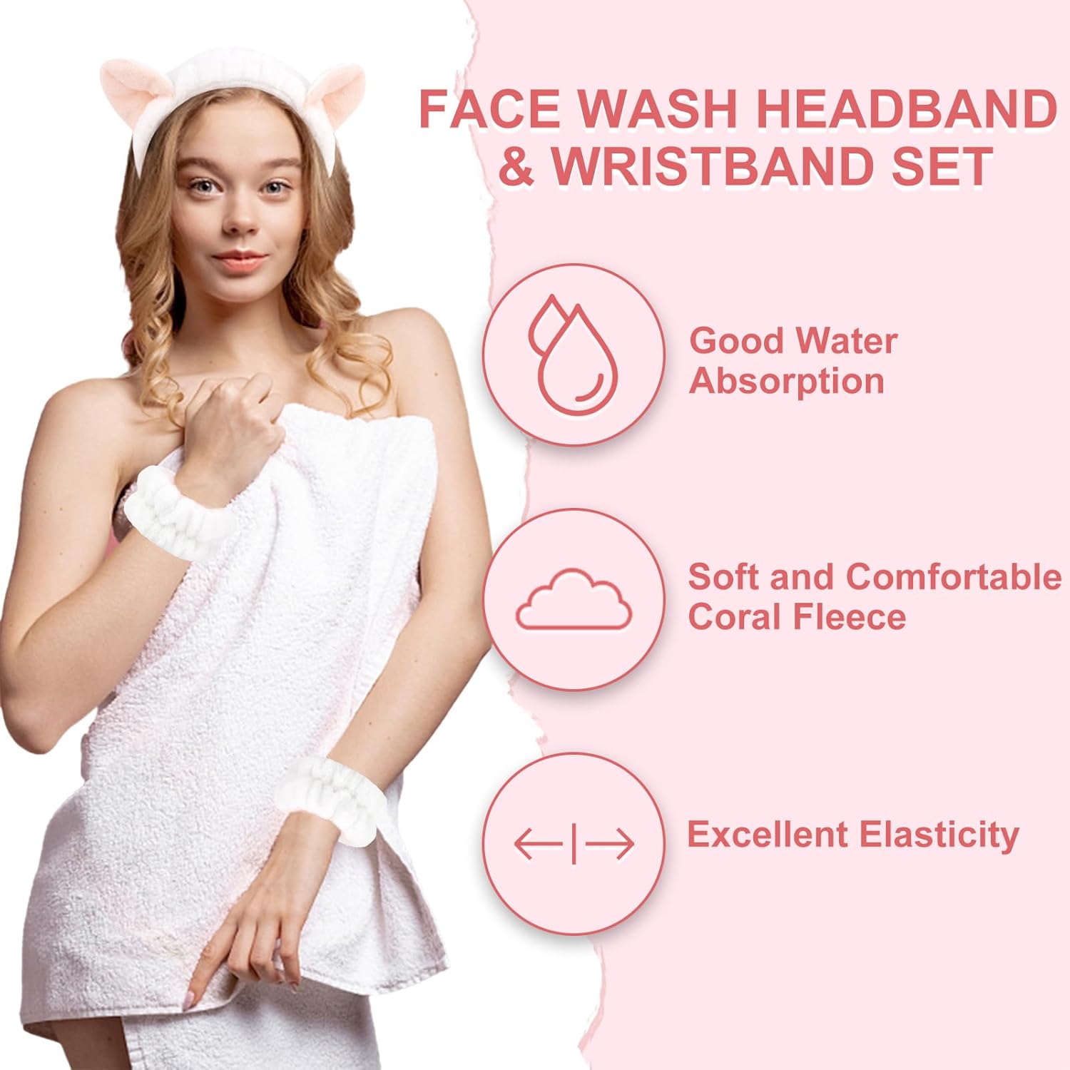 CAVETEE 3 Piece Headband and Wristband Set for Women, Spa Hairband with Cat Ears, Soft and Comfortable Skin Care Headband and Wristband Set for Shower, Facial, Makeup, White - Image 6