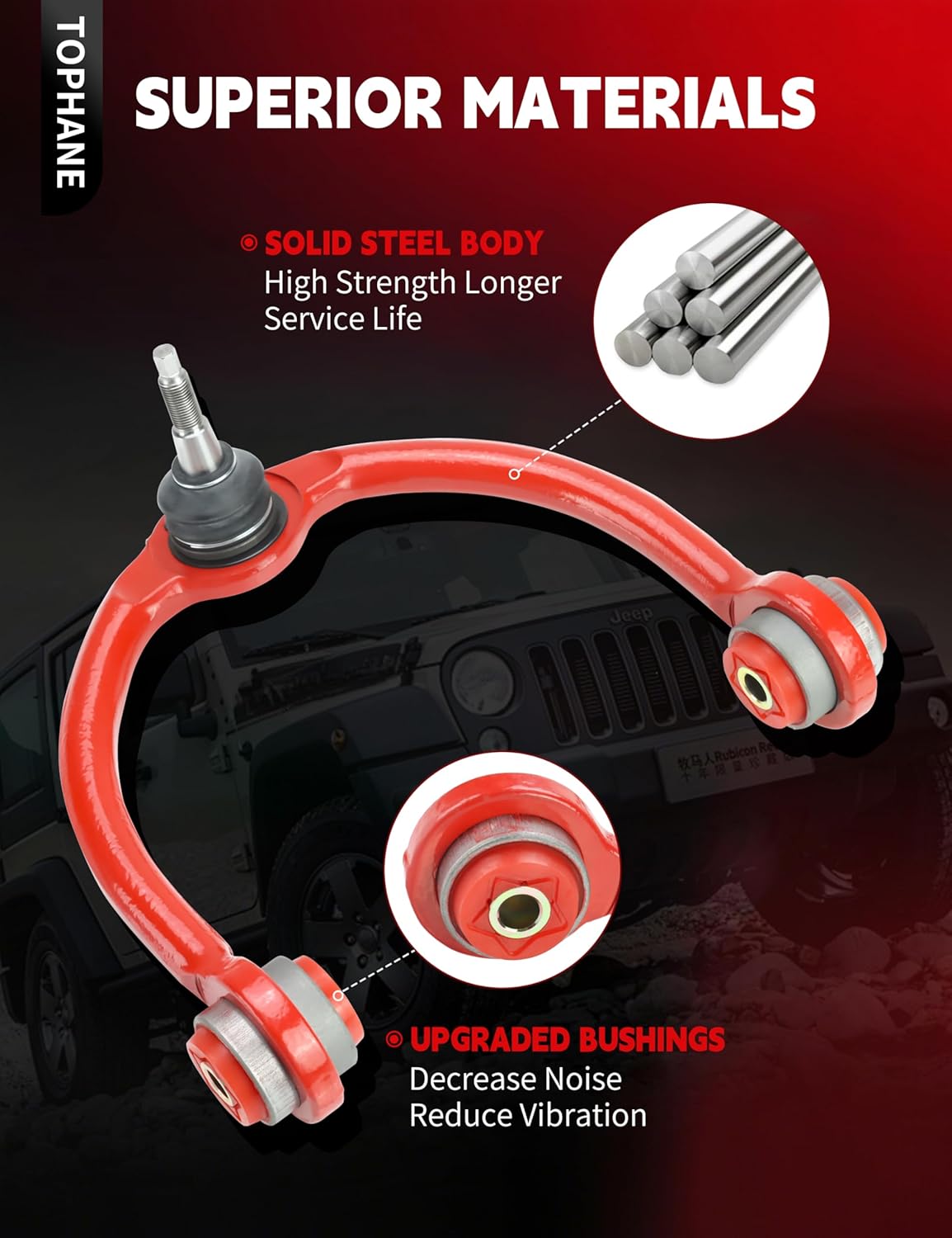 Front Upper Control Arms for 2005–2010 Jeep Grand Cherokee WK & Commander XK – Upgraded Polyurethane Bushings, Red – K620188