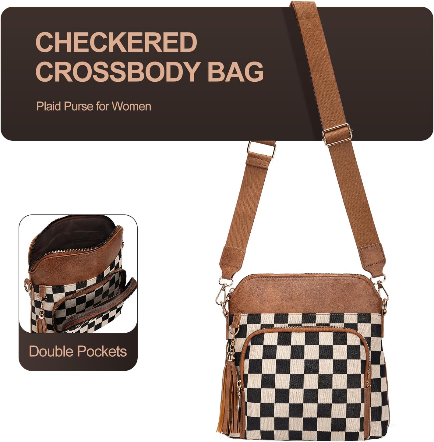 Checkered Crossbody Bag for Women, Checkered Purse with Leather Tassel,Plaid Cross Body Bags Shoulder Handbags