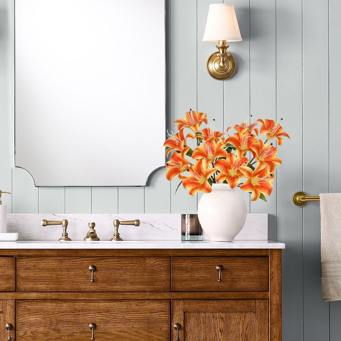 Hollyone 6 Heads Orange Artifical Lily Flowers 2Pcs Fake Fall Flowers Artificial for Decoration Faux Stargazer Lilies Flowers Bush Arrangement Bouquets Lily Stem for Indoor Outdoor Home Fall Decor - Image 4