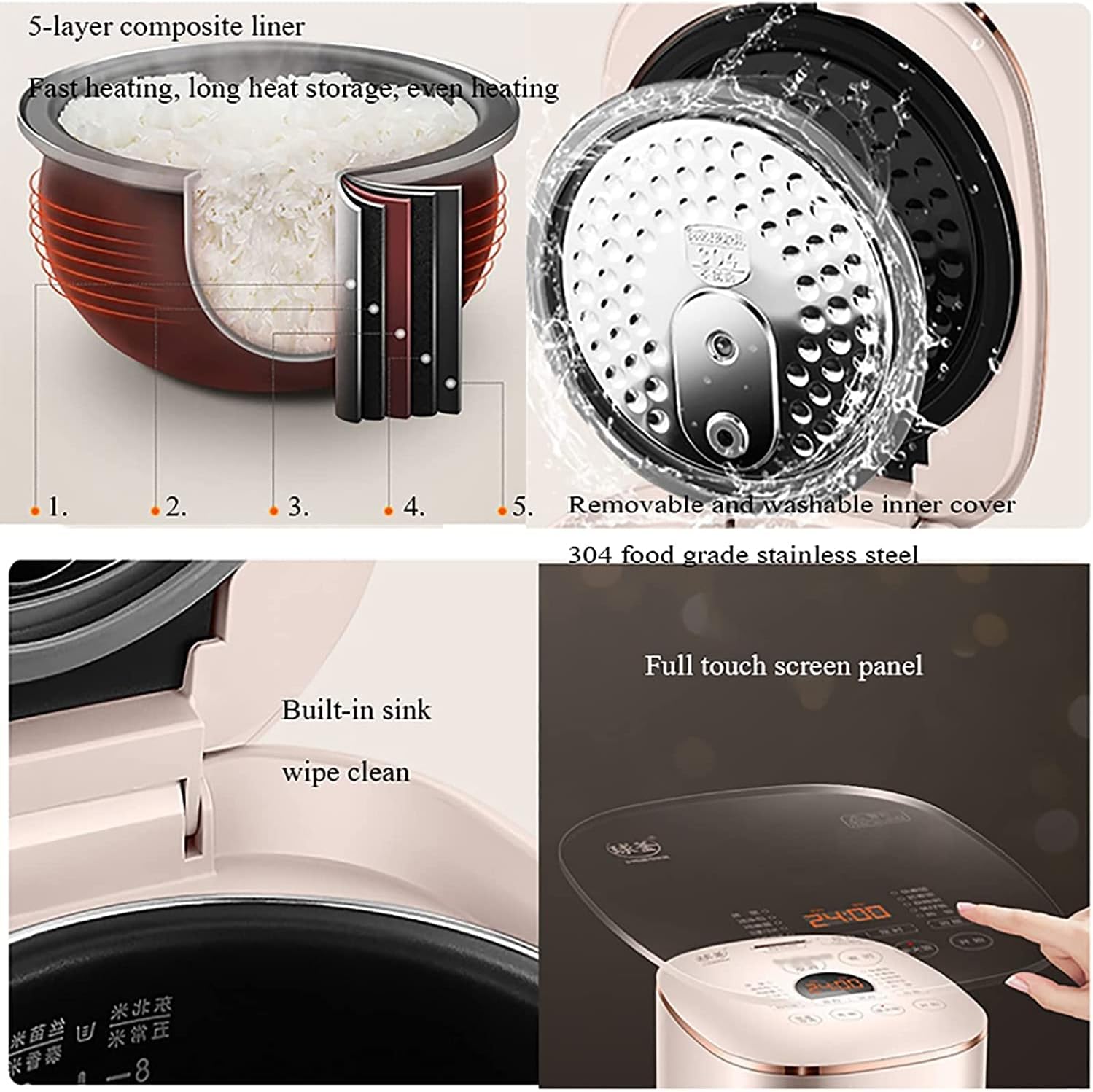 Rice Cooker Household Multi-Function Rice Cooker, 24H Reservation and Heat Preservation, Thicken Non-Stick Liner, for 3-8 People (5l) ()