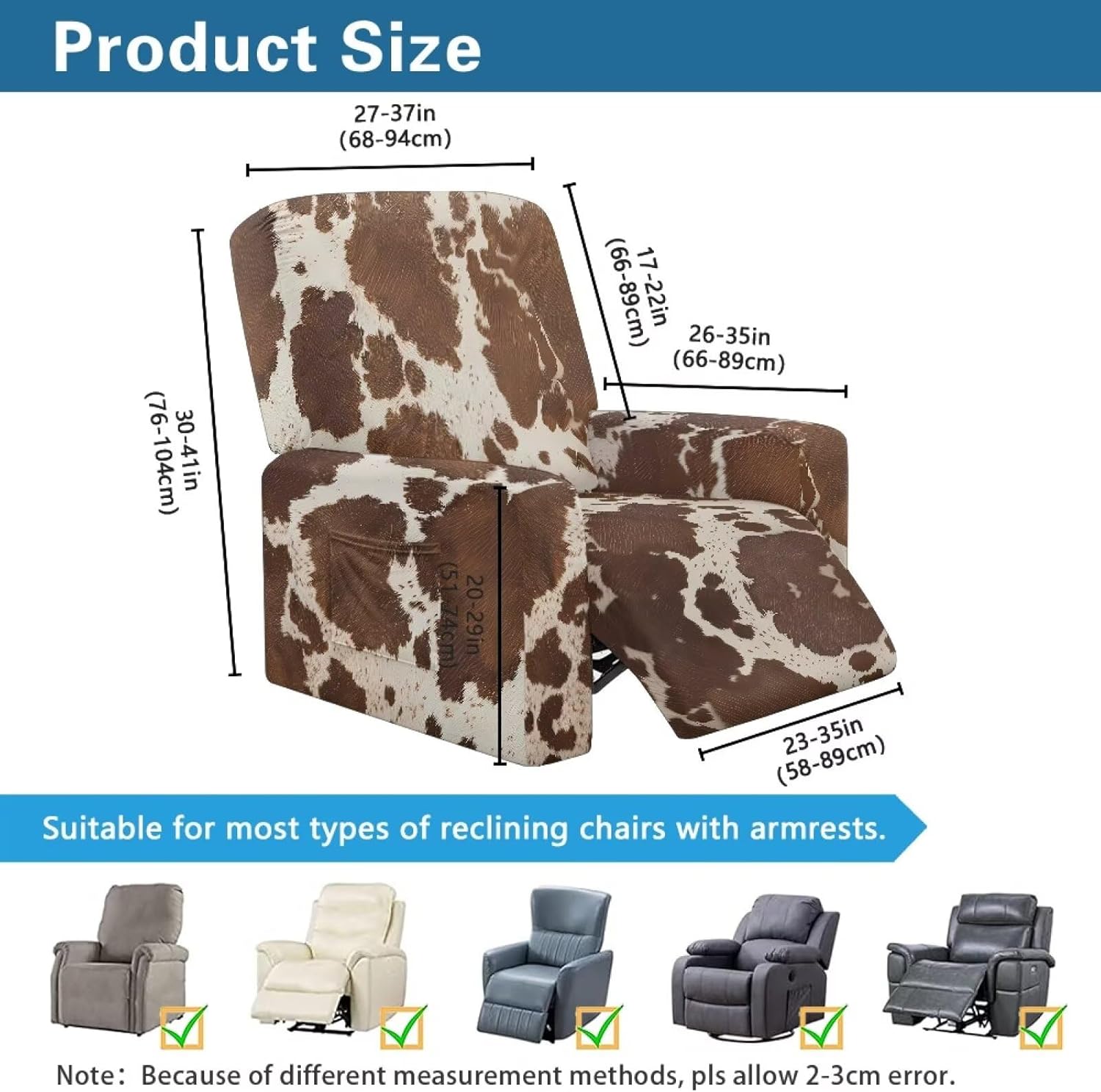 Brown Cow Print Recliner Cover 4-Pieces Lazy Boy Recliner Chair Covers Stretch Sofa Slipcover Couch Cover 1 Seat Soft Furniture Protector Covers with Elastic Bottom