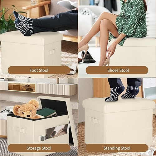 Miniatura 3 de Otomana de almacenamiento reposapiés taburete, banco reposapiés de cuero plegable con asiento acolchado de espuma más gruesa. Taburete otomana corto