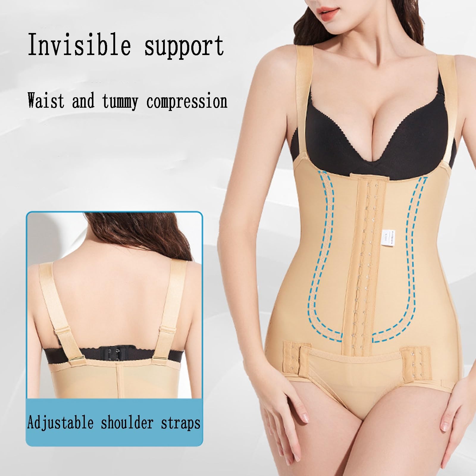 Shapewear Post-liposuccion, Crochets Avant à Plusieurs Rangées, Fermeture Pression l'entrejambe