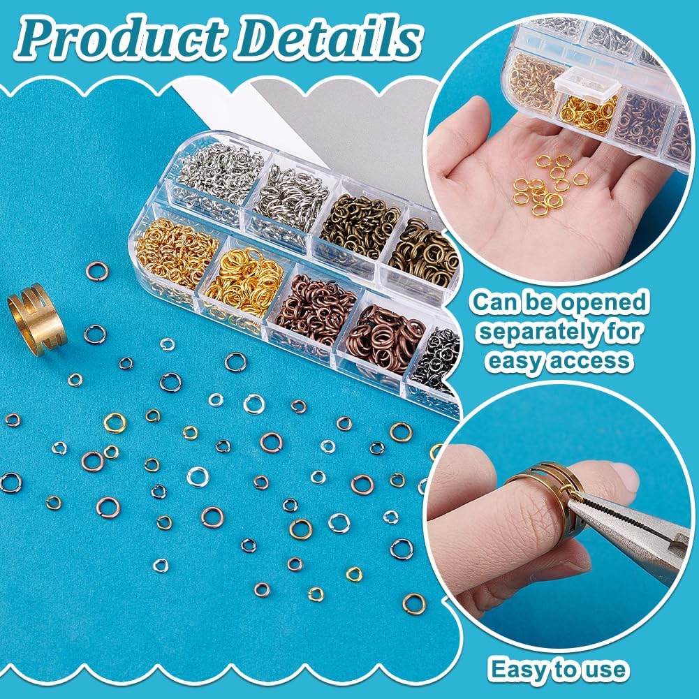 PH PandaHall 1800 pcs 6 Colors 4mm 6mm Brass Open Jump Rings Jewelry Connectors O Rings with 1 pcs Golden Jump Ring Opener for Earring Bracelet Jewelry Making, Mixed Colors