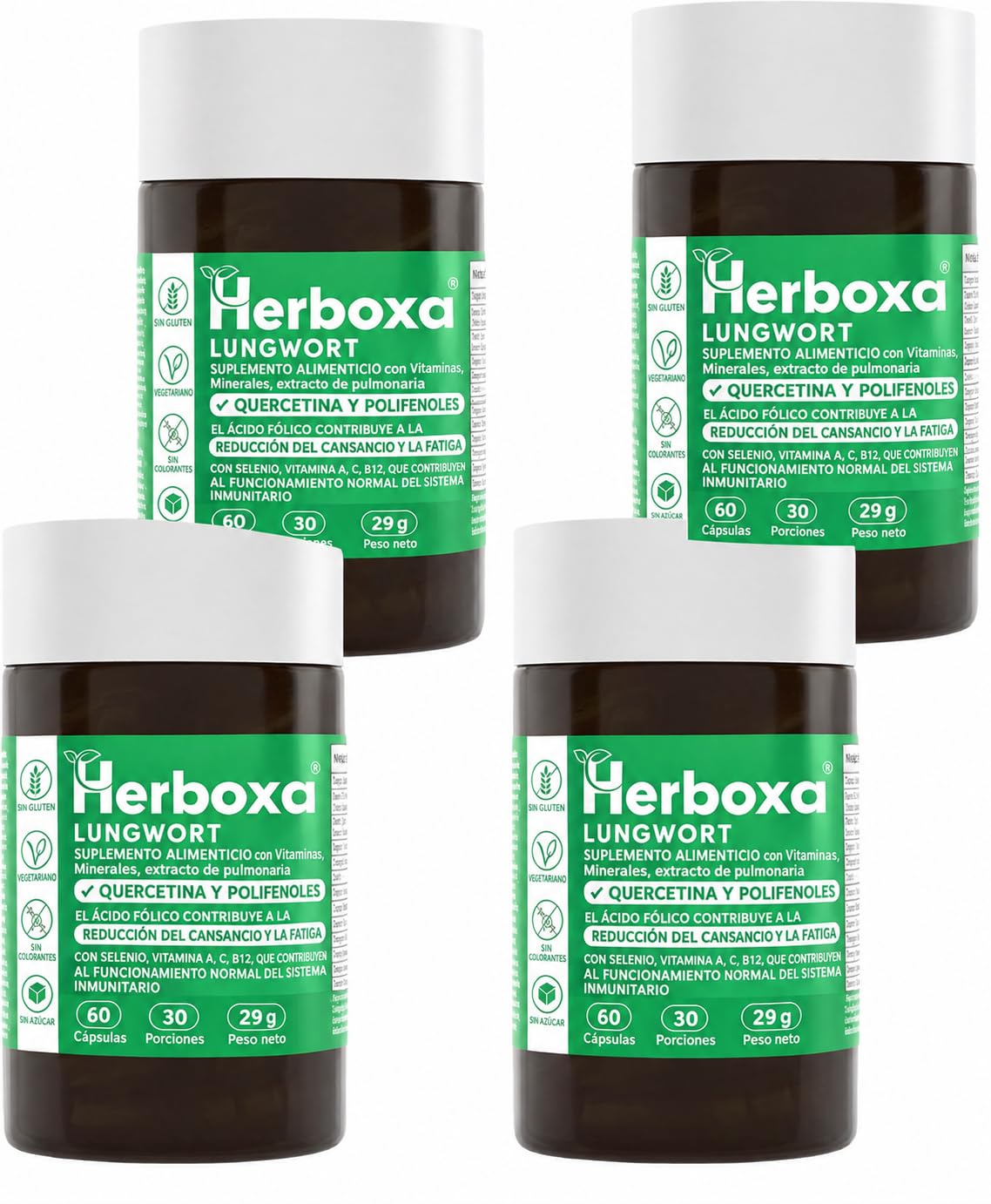 Herboxa Lungwort Pulmonaire Avec 550 Mg De Lungwort Tacheté - Contient De L'acide Folique Pour Réduire La Fatigue Et L'épuisement, De La Vitamine C, Du Quercétine, Du ProG-Phen - 240 Capsules Véganes
