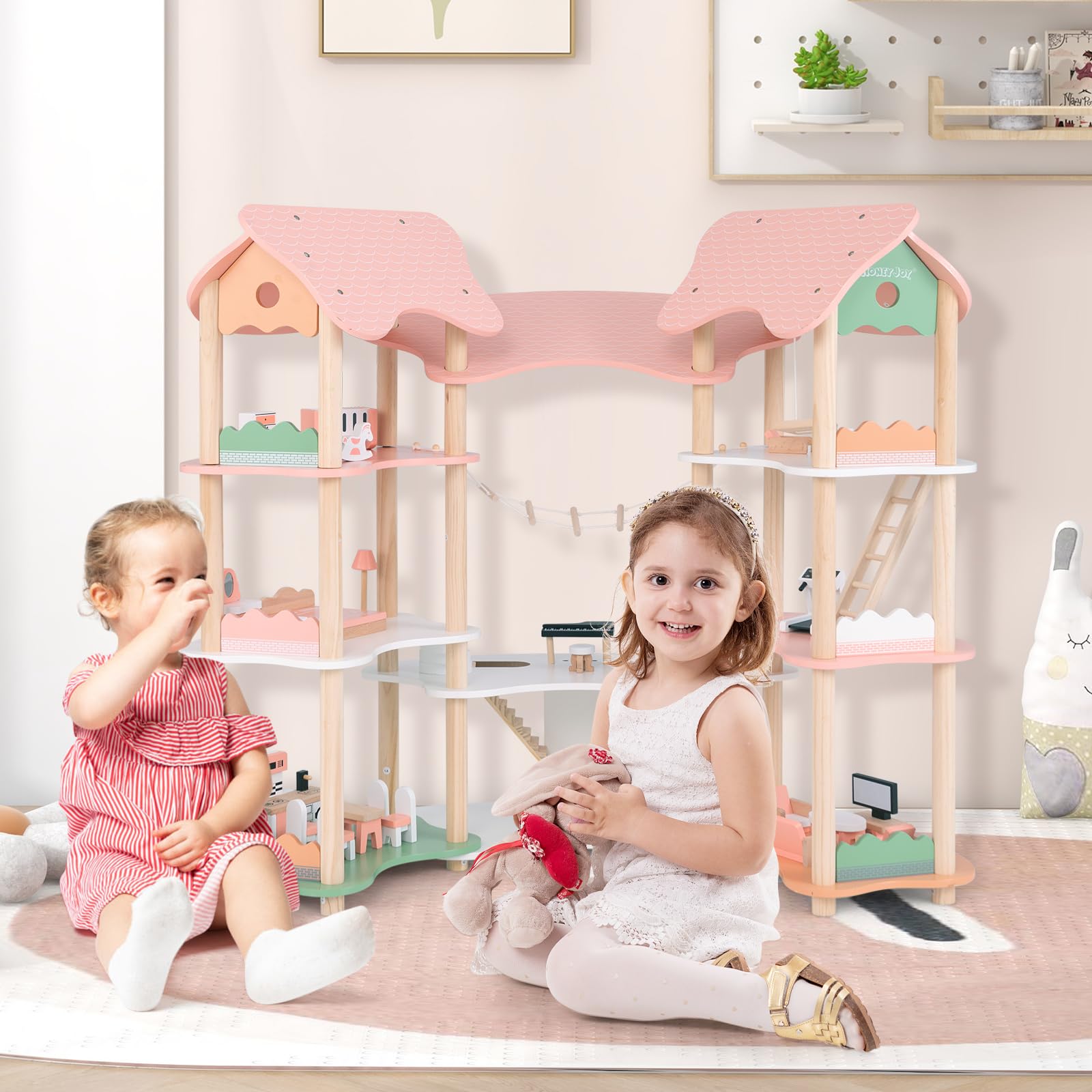 COSTWAY Drewniany domek dla lalek, wysokość 85 cm, 7 pokoi z 32 meblami i akcesoriami, willa dla lalek z drabinką, prezent dla dziewczynek od 3 lat (model 3)