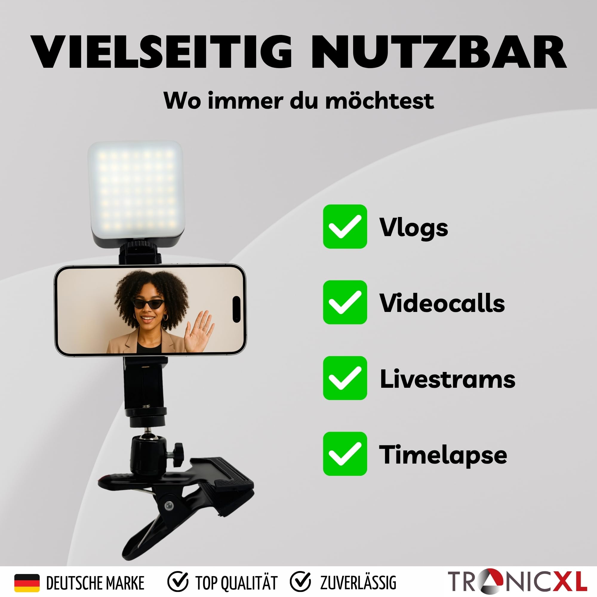 TronicXL Uchwyt stołowy do smartfona z wyzwalaczem do selfie i lampą LED, statyw zaciskowy, uchwyt zaciskowy, uchwyt do iPhone'a, telefonu komórkowego, statywu do aparatu, stołów, statywu wideo