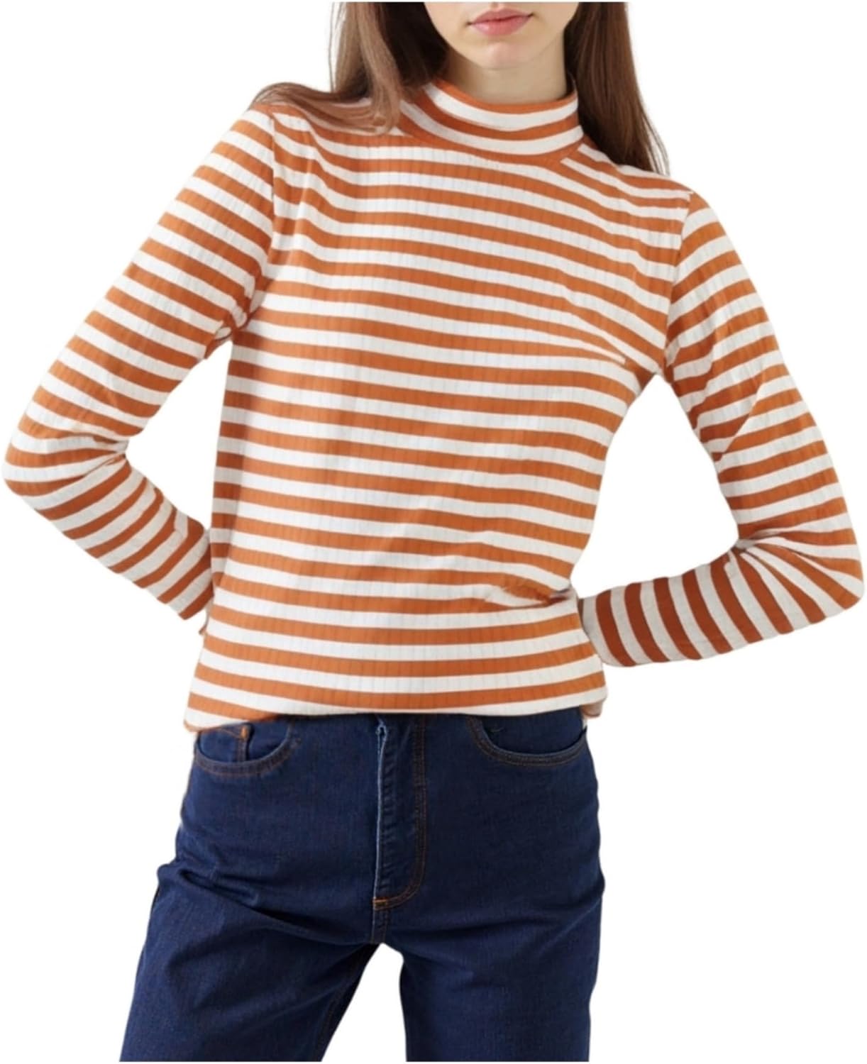Melliflo Womens Long Sleeve Mock Neck Striped Shirt Casual Cute Color Block Knit Tops Trendy Fall Fitted Basic Outfits