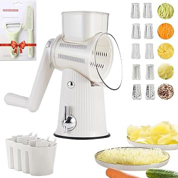 5 In 1 Rotary Cheese Grater Vegetable Slicer for Kitchen, Carrot Shredder Tool-Food Shredders with 5 Sets Interchangeable Blades And Strong Suction Base White