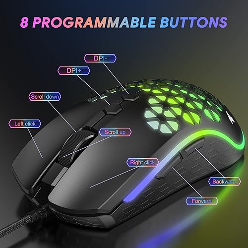 Miniatura 7 de TECURS Mouse para juegos con cable mouse con cable de 12000 DPI mouse óptico USB para juegos de PC con 8 botones programables mouse RGB ultraligero