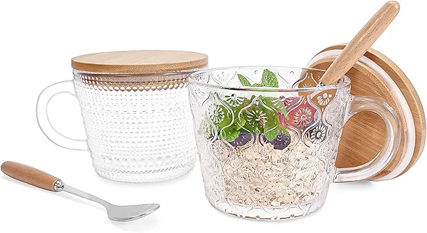 Slivax Upscale Retro Glass Coffee mugs for women Gift 2pcs Set,14oz Overnight Oatmeal Container,Embossed Clear Iced Coffee Glass Cups with Bamboo Lid and Spoon,for Latte,Cappuccino,Americano, Juice