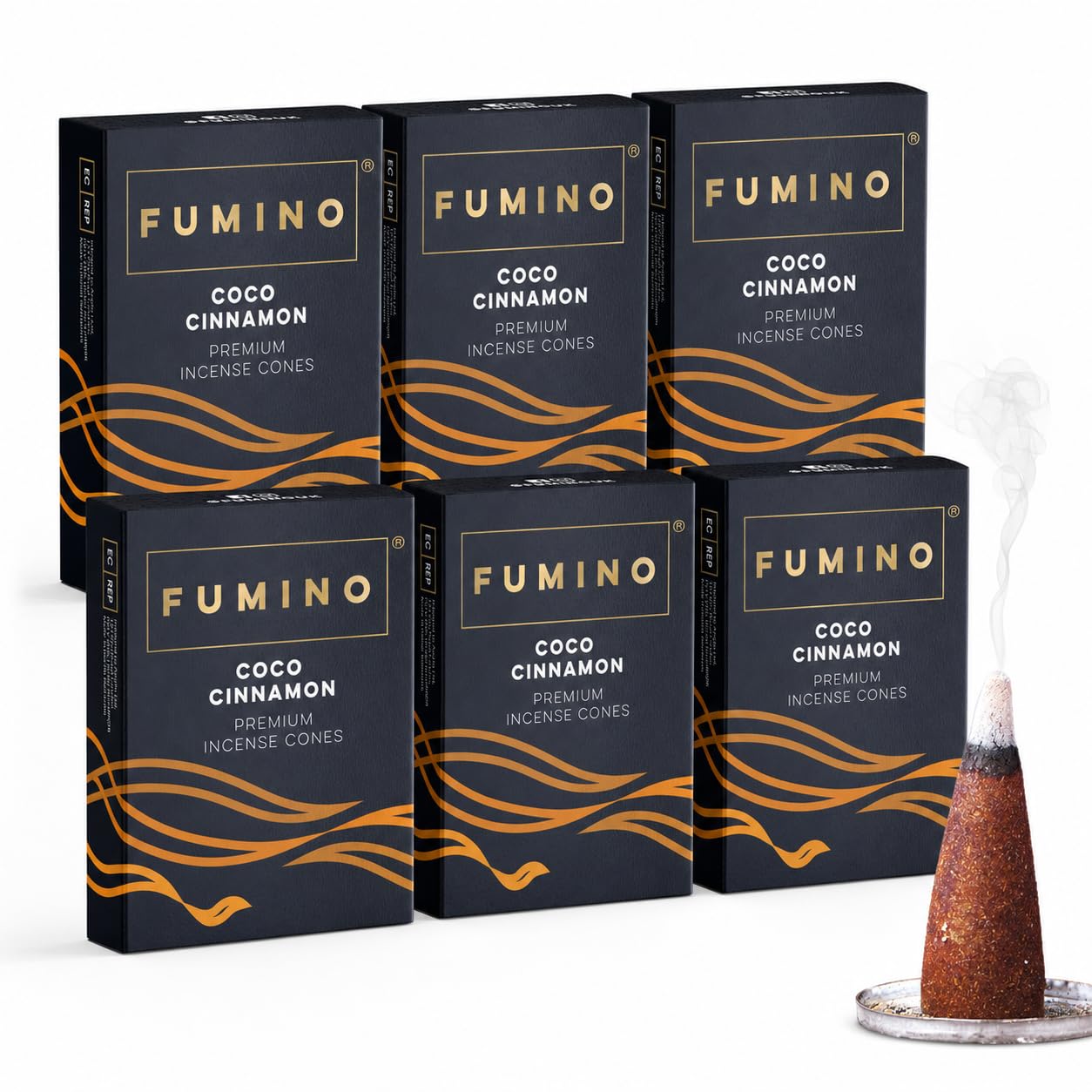 Fumino Black Incense Cones Coco Cinnamon 90 Pack 6 Boxes - Handmade Natural, Long Burn