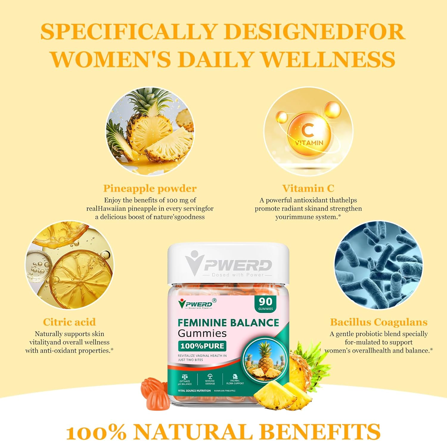 180 Count Feminine Balance Pineapple Vaginal Gummies for Women Ph，Premium Her Plus Nutrition Feminine Vaginal Probiotics Pineapple Balance Gummies for Women