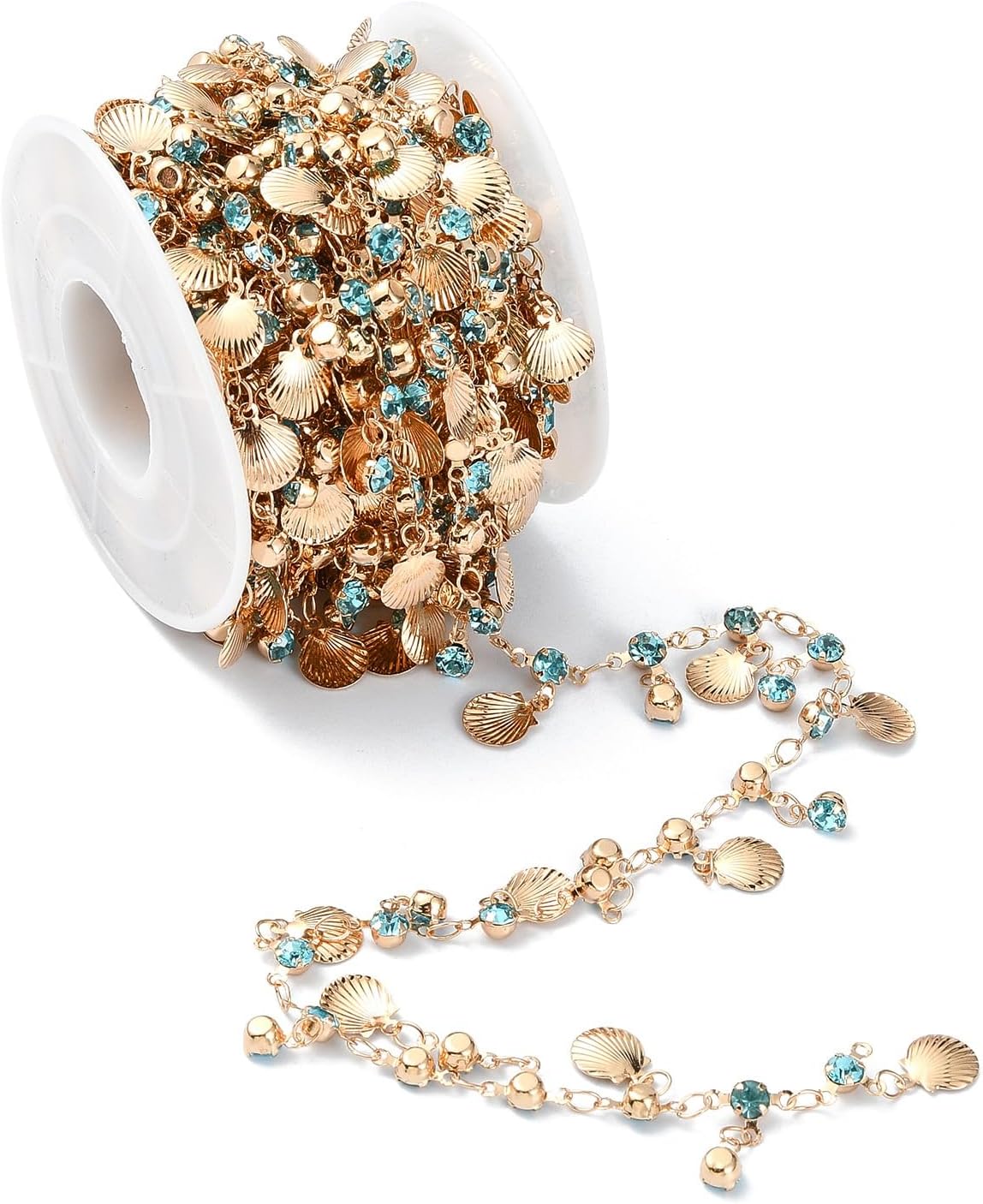 LiQunSweet 5 Meters Blue Rhinestone Brass Chains with Golden Color Shell Shaped Charms for Sunglass Holder Strap DIY Jewelry Making Necklace Bracelet Crafts - Image 3