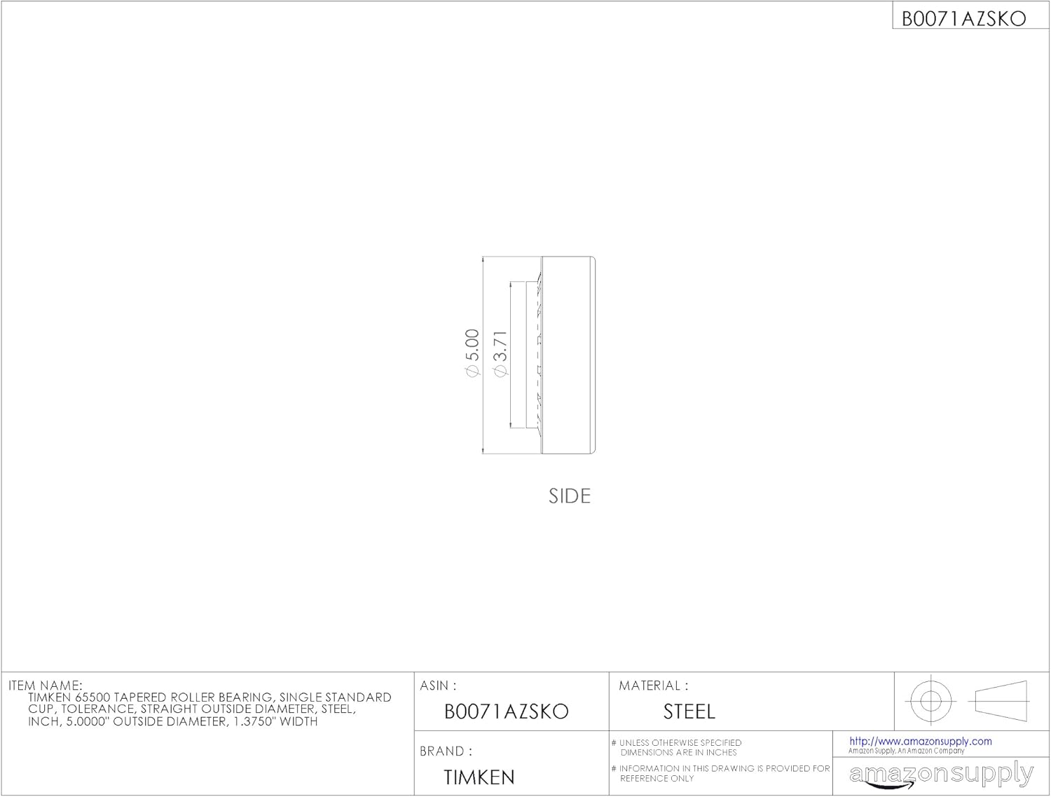 Timken 65500 Tapered Roller Bearing, Single Cup, Standard Tolerance, Straight Outside Diameter, Steel, Inch, 5.0000" Outside Diameter, 1.3750" Width