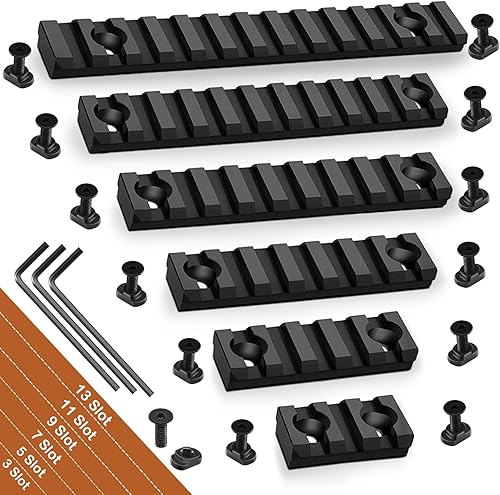 Juego de 6 rieles Mloc Picatinny individuales para Mlock 3, 5, 7, 9, 11, 13 ranuras con 13 tuercas en T y tornillos, 3 llaves Allen, color negro
