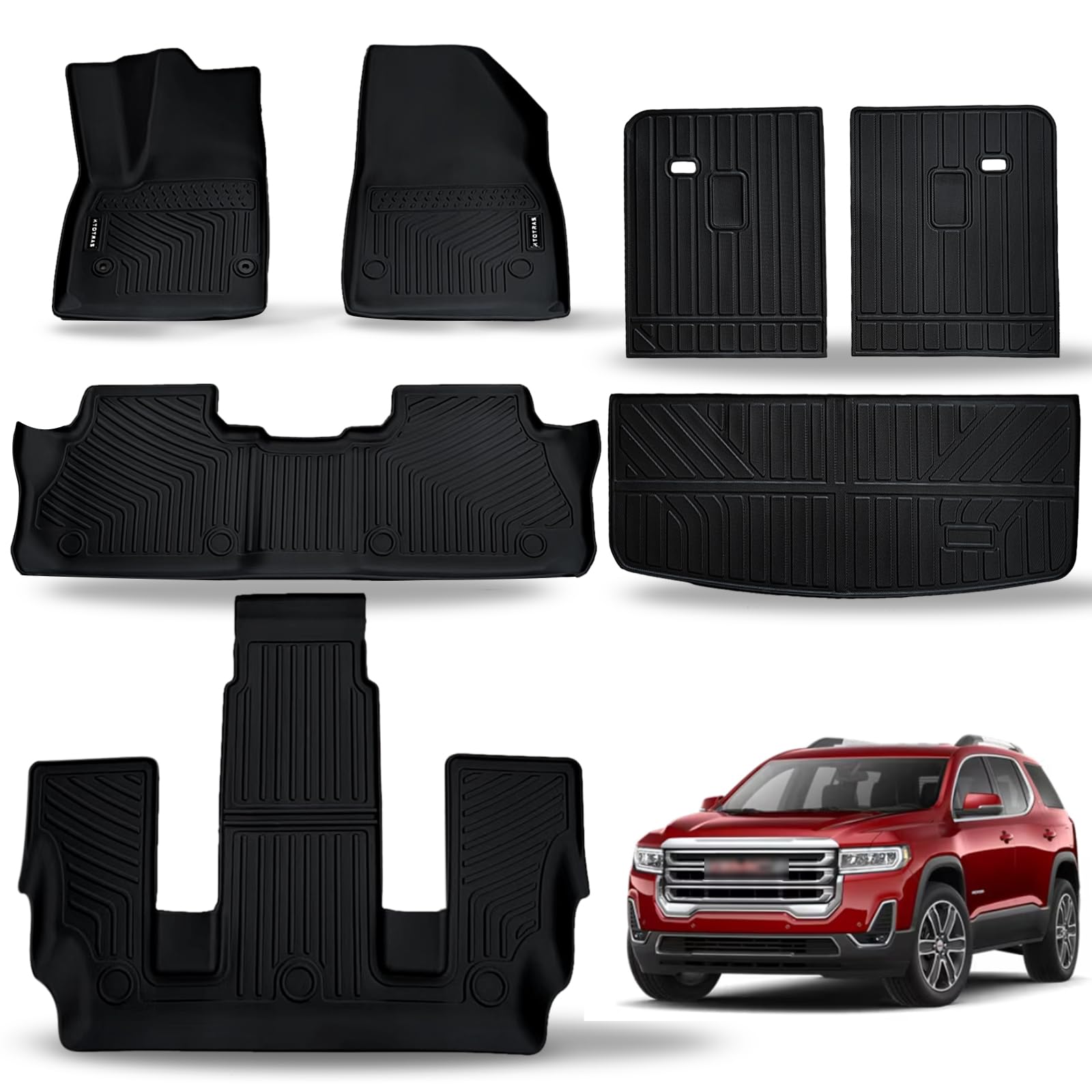 Photo 1 of KTOTRAS 3 Row Floor Mats for 2017-2023 GMC Acadia 6-Seater with 2nd Row Bucket Seats - Black TPE All Weather Floor Mats & Cargo Liner & 3rd Row Backrest Mats Set