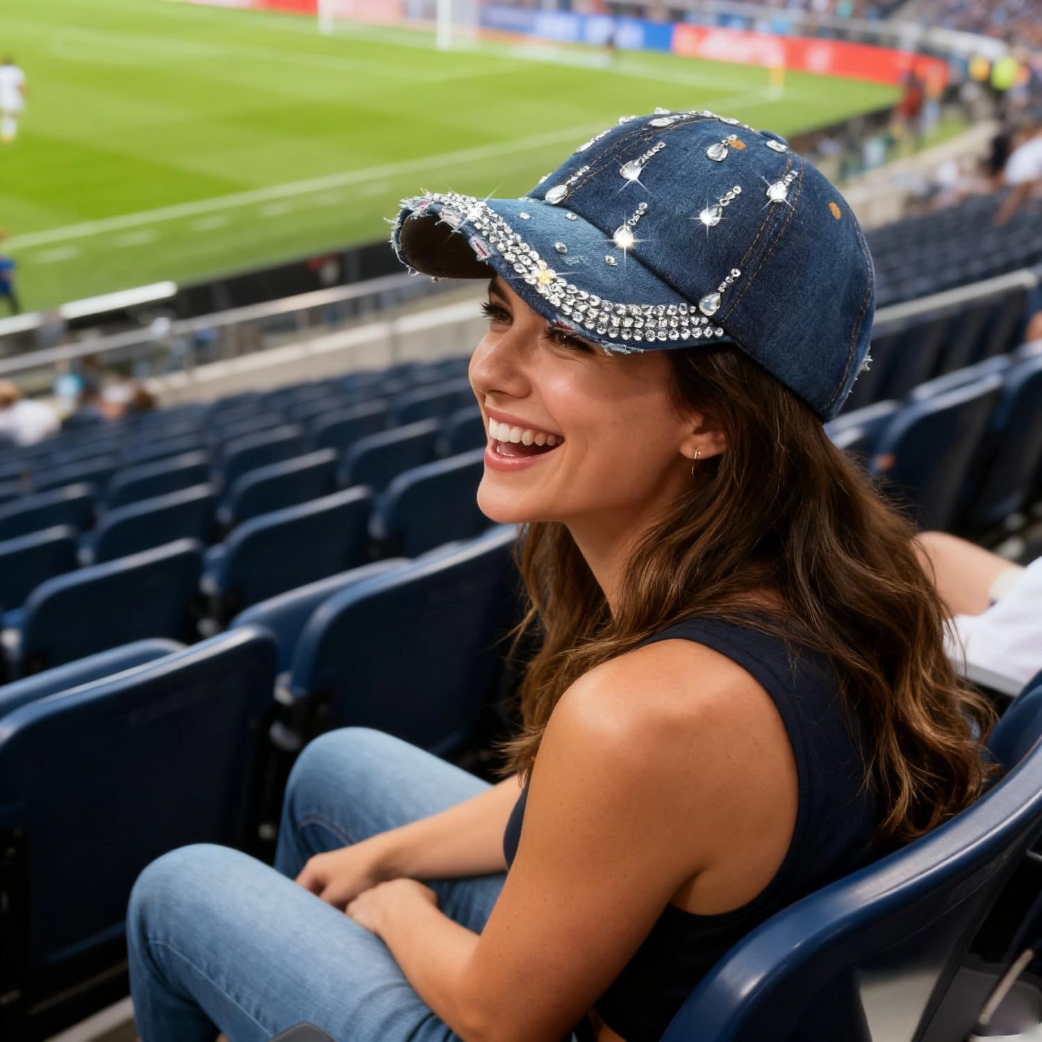 Bling Denim Baseball Cap for Women Jean Hip Hop Rhinestone Hat Jersey Shore Hat Adjustable - Image 3