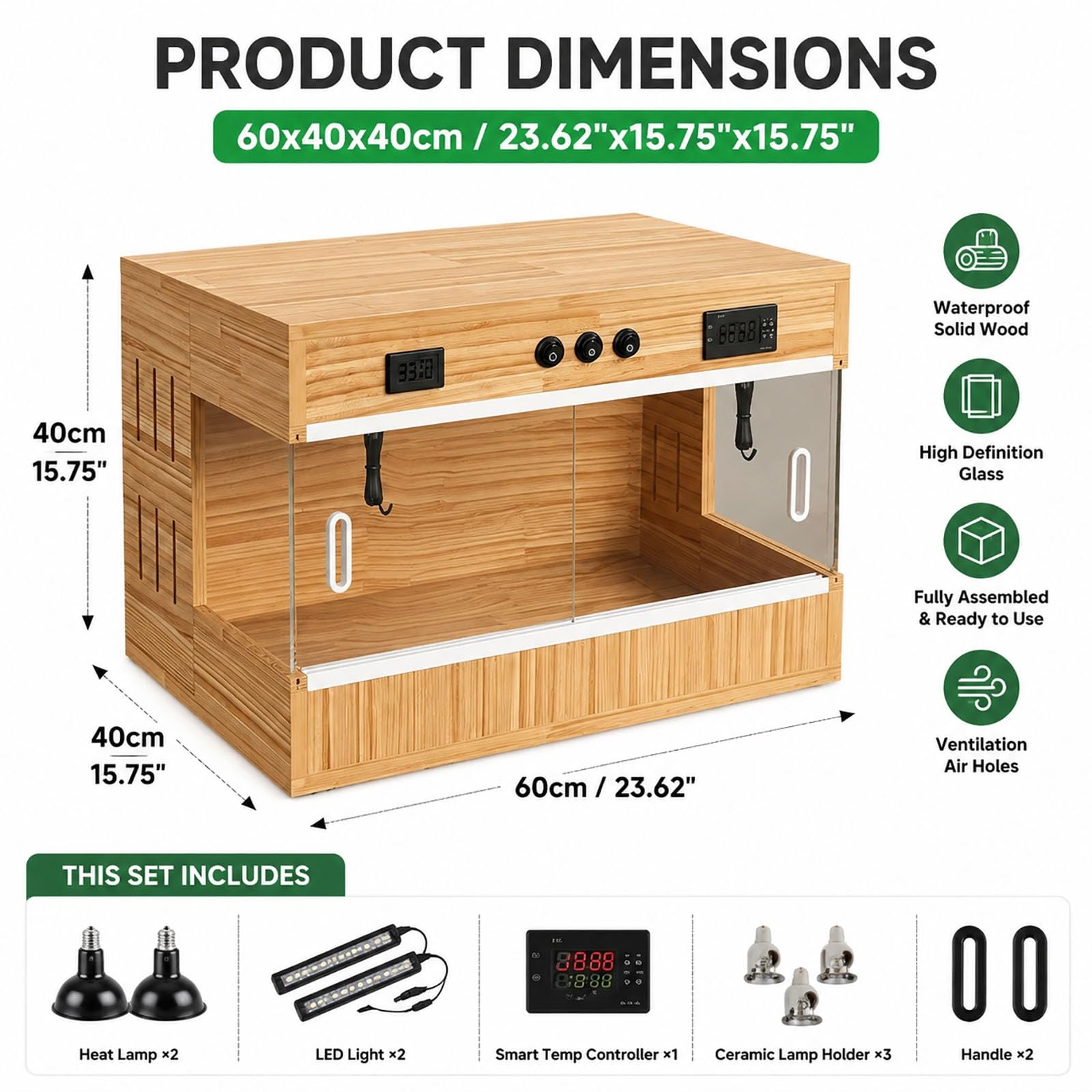 Vivario para reptiles de madera maciza con doble termostato inteligente, recinto de 3 cristales HD con zonas de calefacción independientes, terrario ventilado para pogona, tortuga y lagartija(Small)