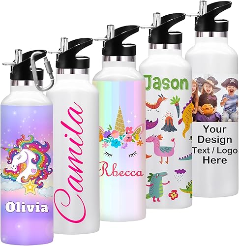 Botellas de agua personalizadas a granel con pajilla, botella de agua aislada personalizada, texto con nombre y foto impresa (26 oz12 onzas)