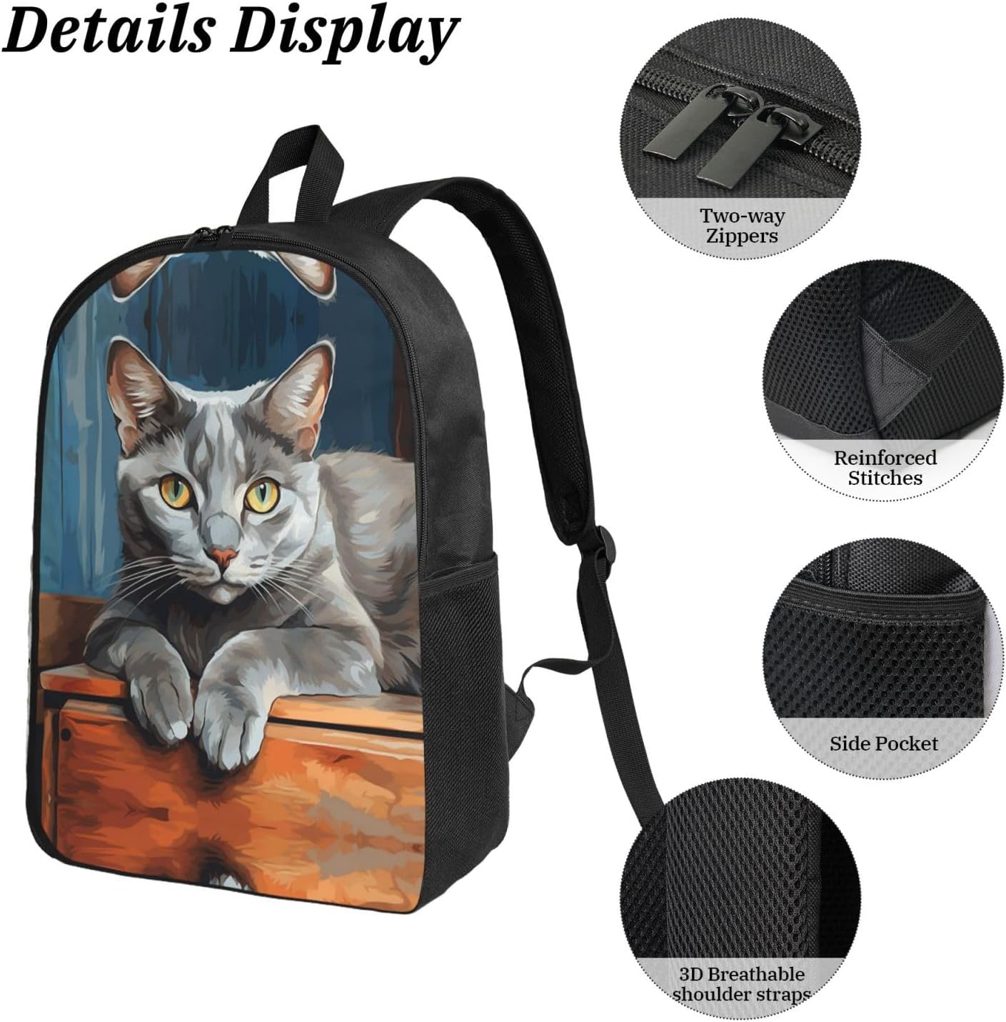 Light Gray Cat Backpack Set 3 PCS - 17 Inch Laptop Backpack with Lunch Bag, Waterproof Daypack Insulated Lunch Box Large Capacity Coin Pouch Personalized Gift image 5
