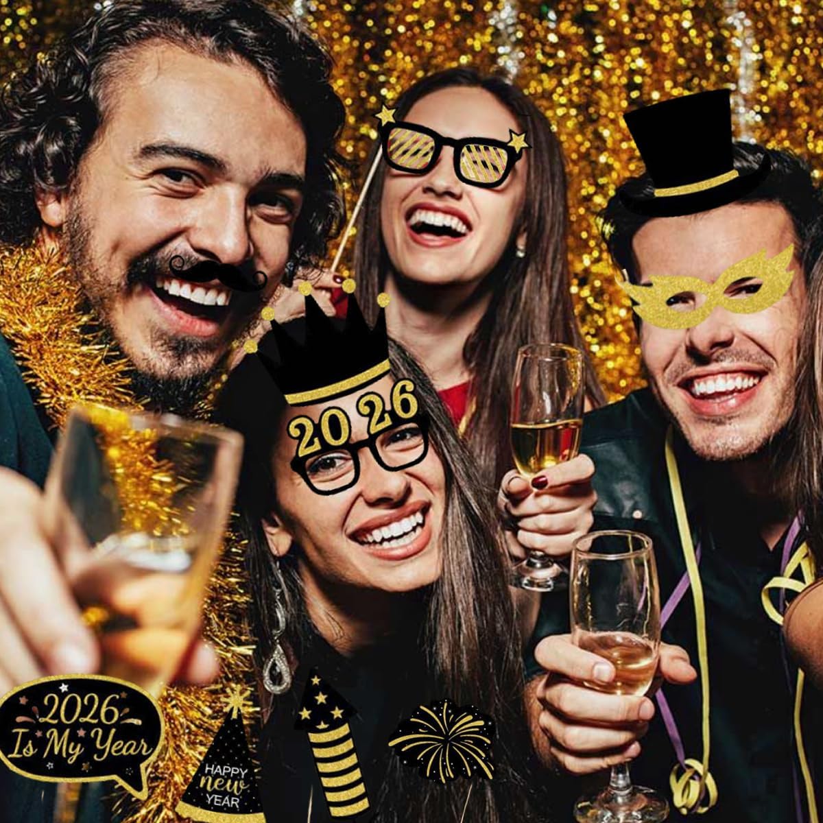 New Year's Photo Booth Props 2026 Pack of 35, Selfie Photobooth Props for Photoshoot New Years Eve Party Supplies 2026 for Happy New Year Family Masquerade Decorations - Image 3