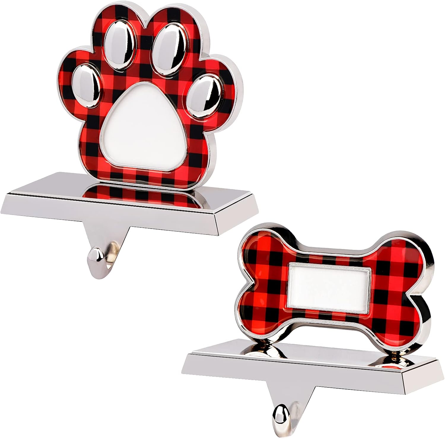 GUDELAK Christmas Stocking Holders for Mantle Set of 2, Silver Dog Bone Stocking Hanger and Paw Print Stocking Holders for Fireplace Mantle, Dog Stocking Holder for Family Party Christmas Decorations
