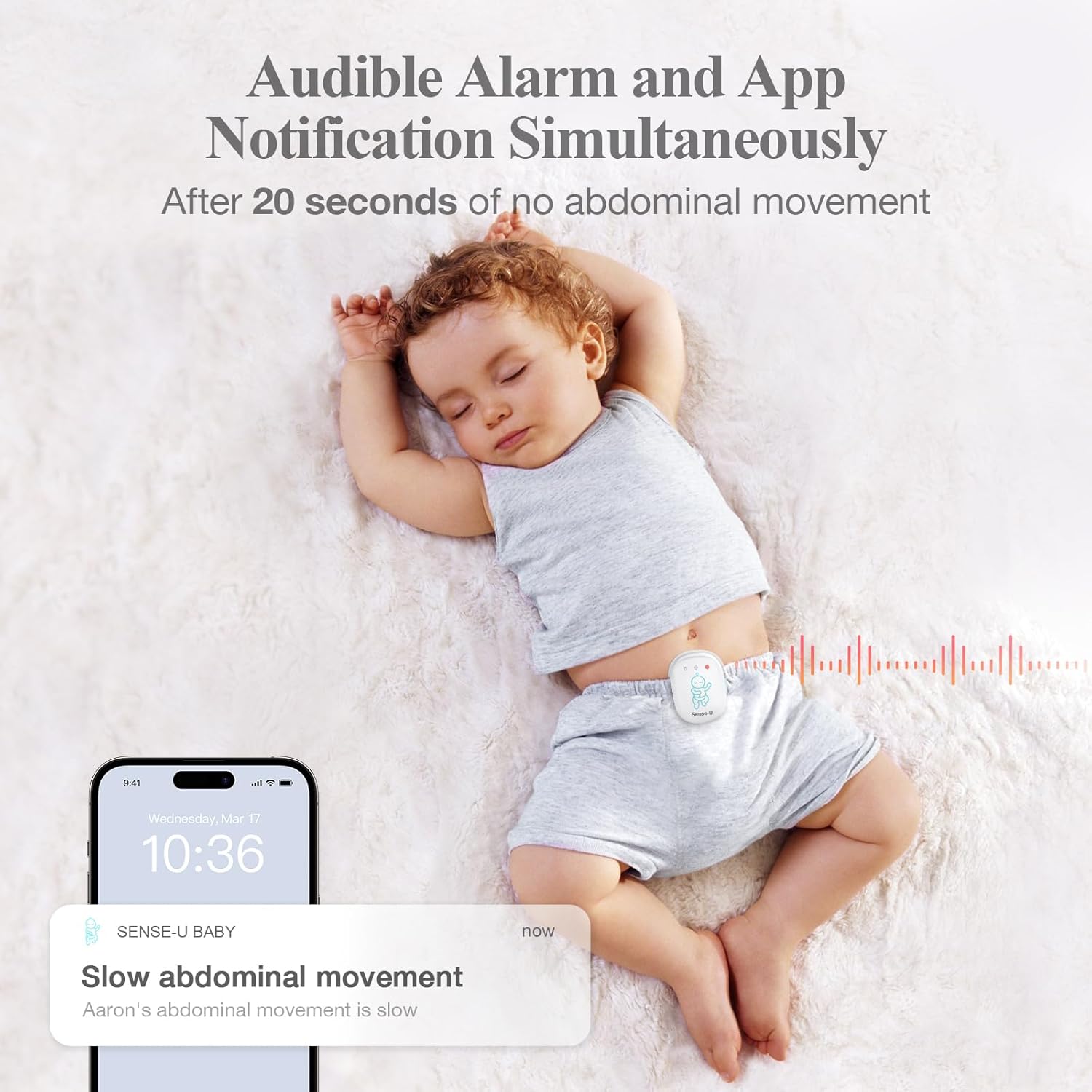 Sense-U Pro Baby Breathing Movement & Sleep Position Monitor with Gentle Vibration Alerts, Temperature Notifications, Audible & App Alerts, Sleep Analysis, Long Battery Life, Easy Clip-On Design