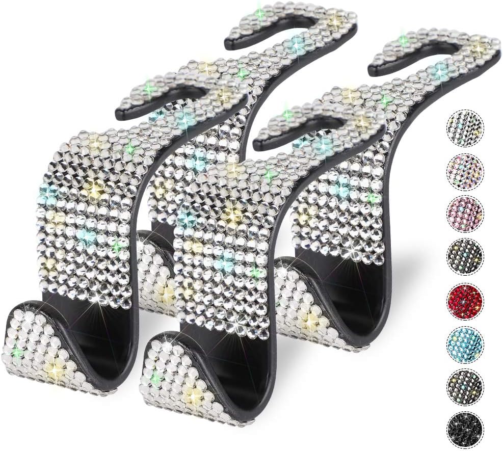 OTOSTAR Car Hooks, Handmade Bling Diamond Car Headrest Hangers Organizer Universal Auto Hooks Car Seat Hooks for Vehicle Car, 4 Pack (Silver)
