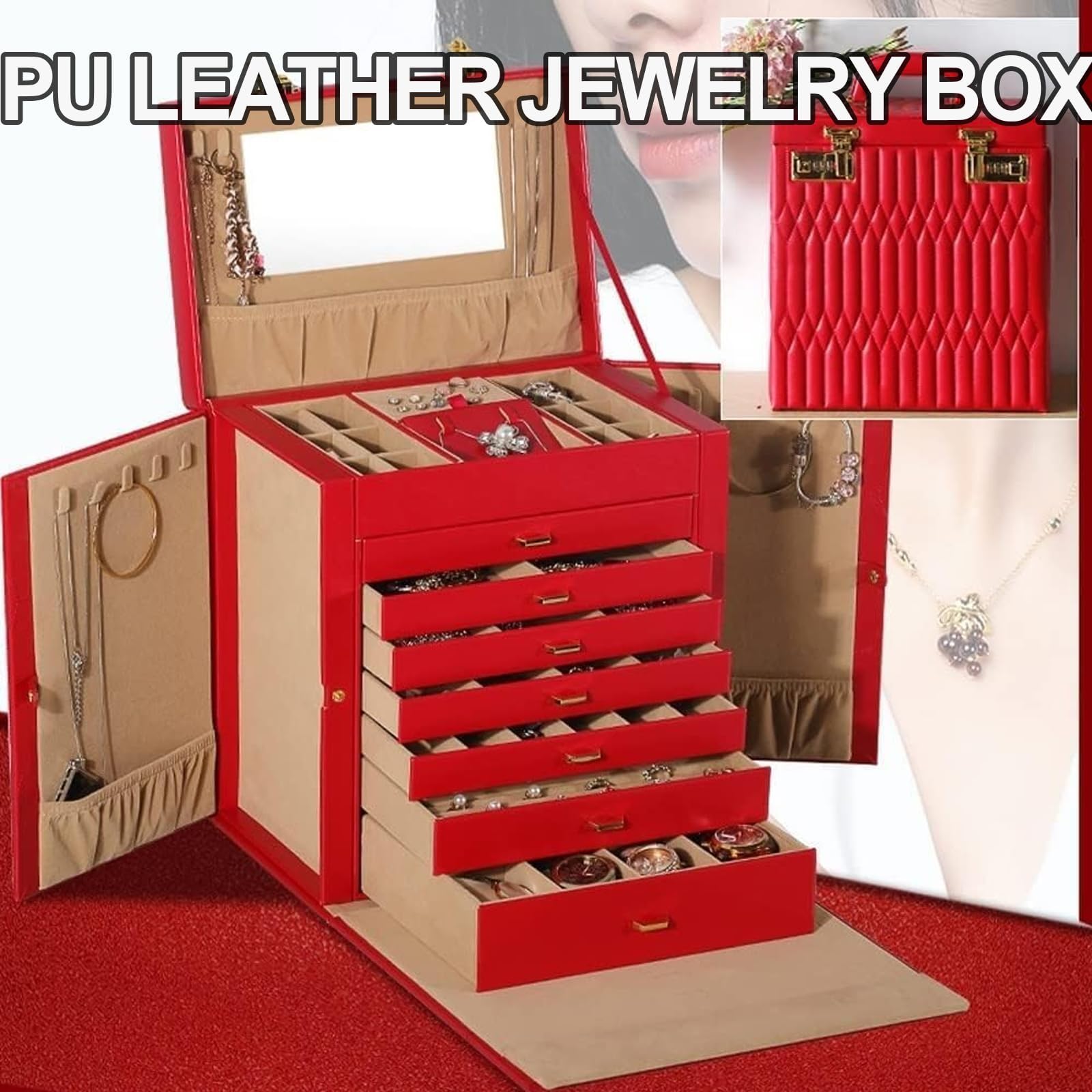 Joyero de piel sintética con cerradura de contraseña, bandeja organizadora multicapa de gran capacidad, estuche de almacenamiento para collar, anillo, pendientes, reloj, regalo para mujer