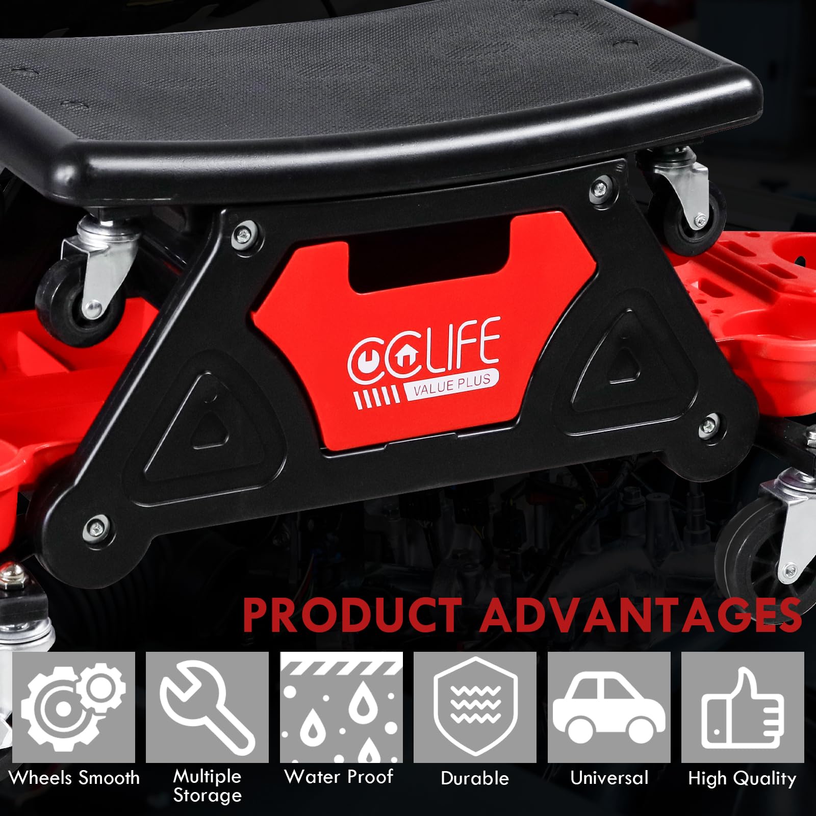 CCLIFE Sgabello da Officina con Ruote con Rotazione a 360° Le Ruote Possono Essere fissate, Piastra del Sedile Rimovibile, per Riparazione Auto autoveicoli