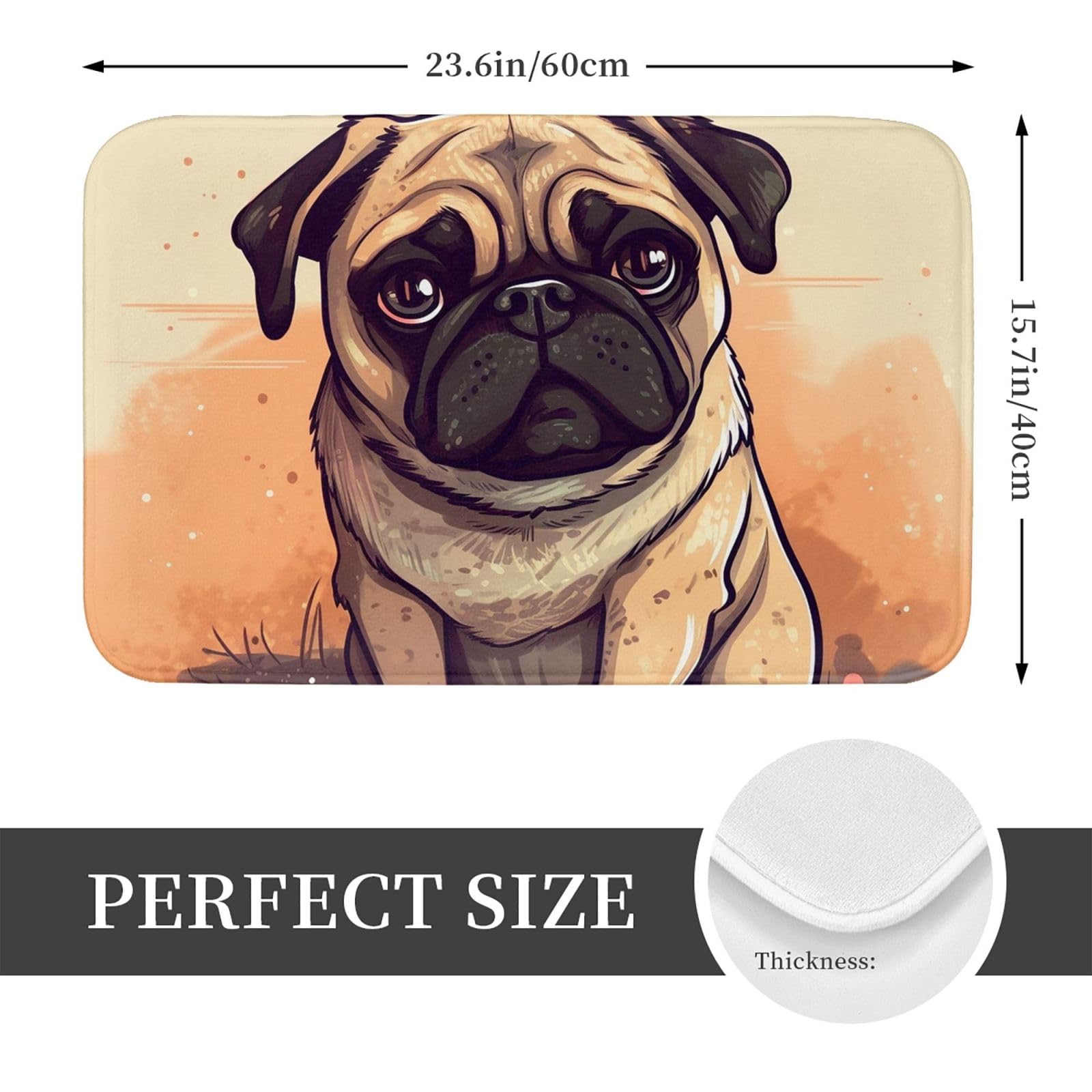 Front Door Mat Absorbent Welcome Mats for Entryway Pug Cartoon Doormat Indoor Outdoor Rugs Non-Slip Area Rugs Flannel Floor Mats Bath Mat Low Profile Entry Rug 23.6