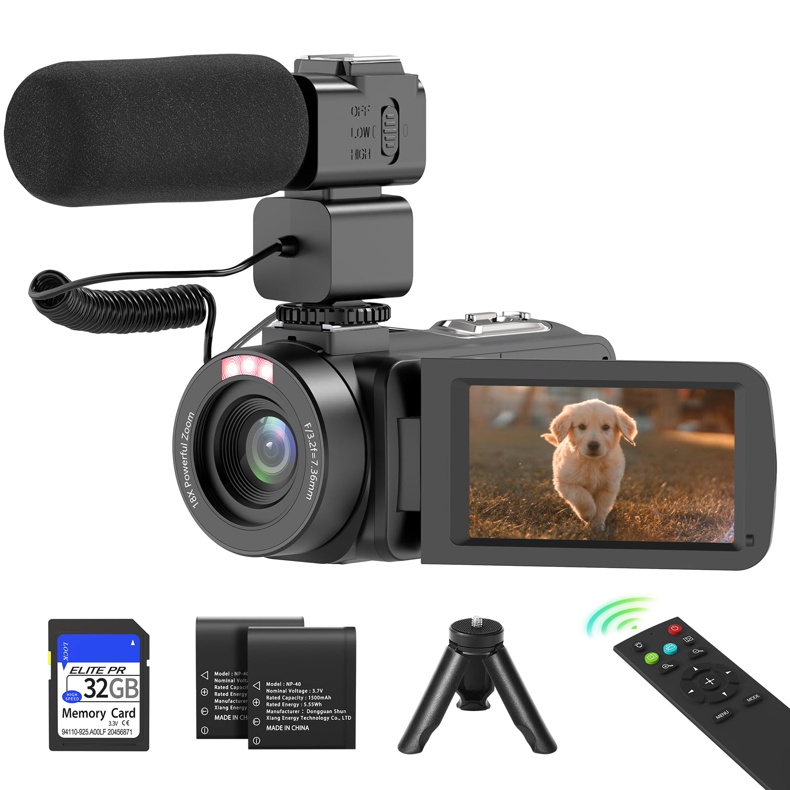 MURAUX Video Camera,1080P 30MP Vlogging Camcorder with IR Night Vision, 3.0” LCD Screen, 18X Digital Zoom, Remote Control, Microphone, Mini Tripod, 2 Batteries &amp; 32GB SD Card