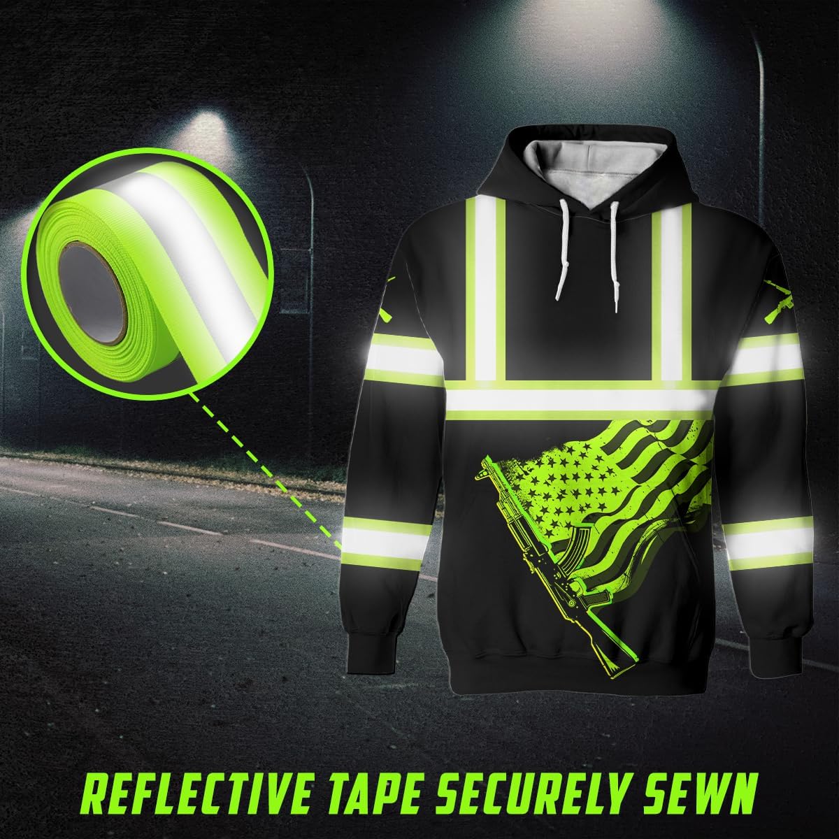 Tie Dye US Flag High Visibility Hoodie For Men Reflective Hoodie Safety Workwear For Workers Runners Patriotic - Image 3